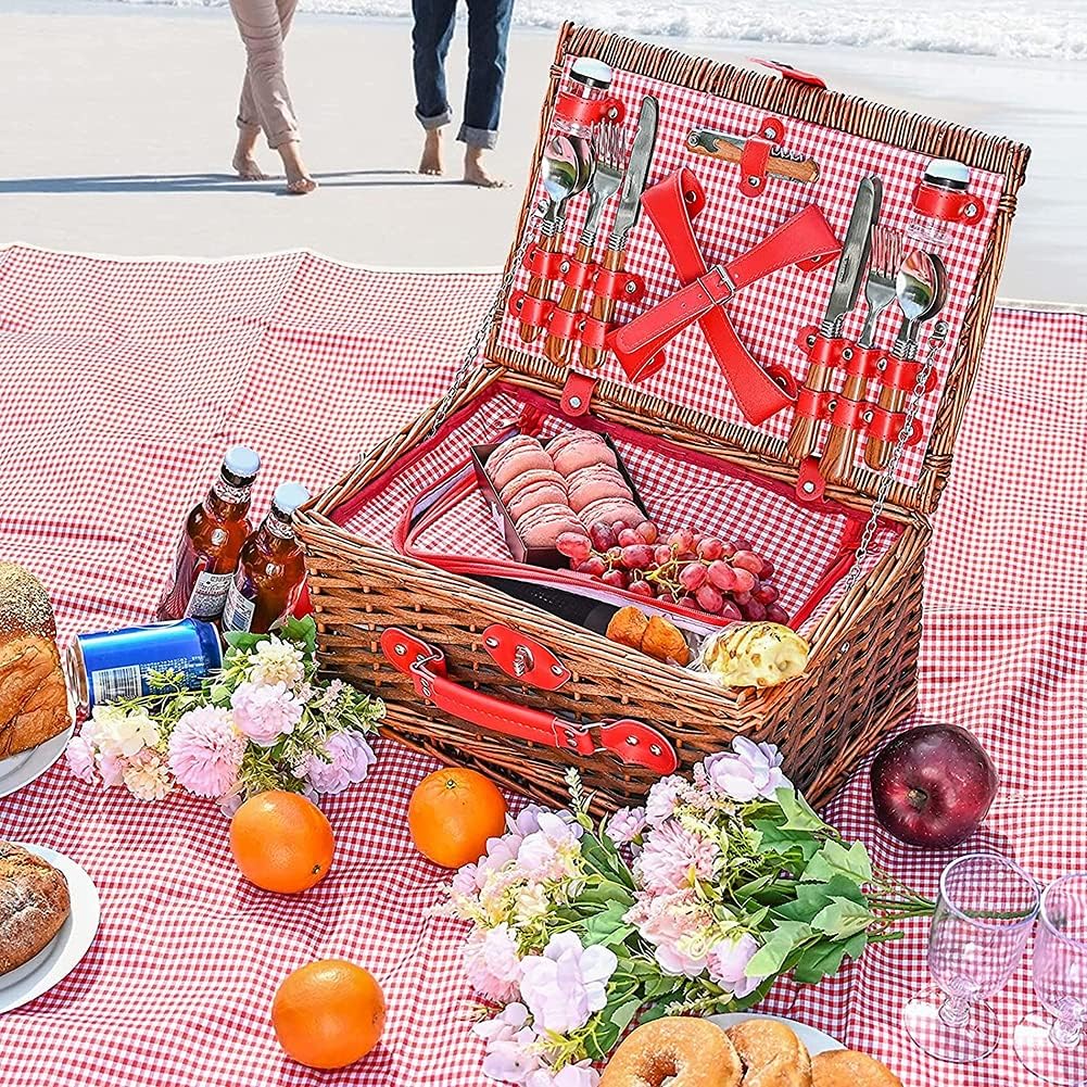 Picnic Basket Set 4 Person Wicker Picnic Basket Handmade Waterproof Picnic Blanket Equipped with Incubator and Cutlery Suitable for Picnics and Camping by The Lake Beach
