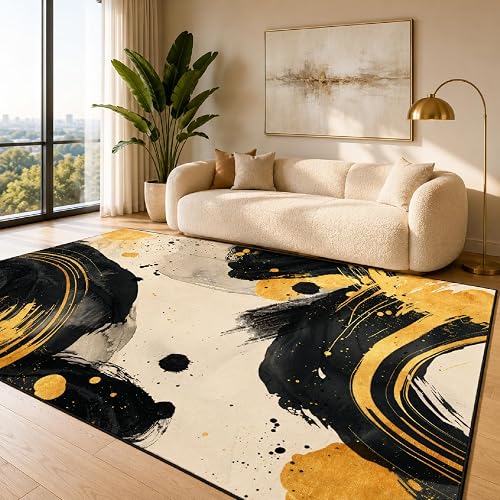 Amorettise Modern Abstract Area Rug 7' X 5' Black Beige Gold Faux Wool Rugs Non-