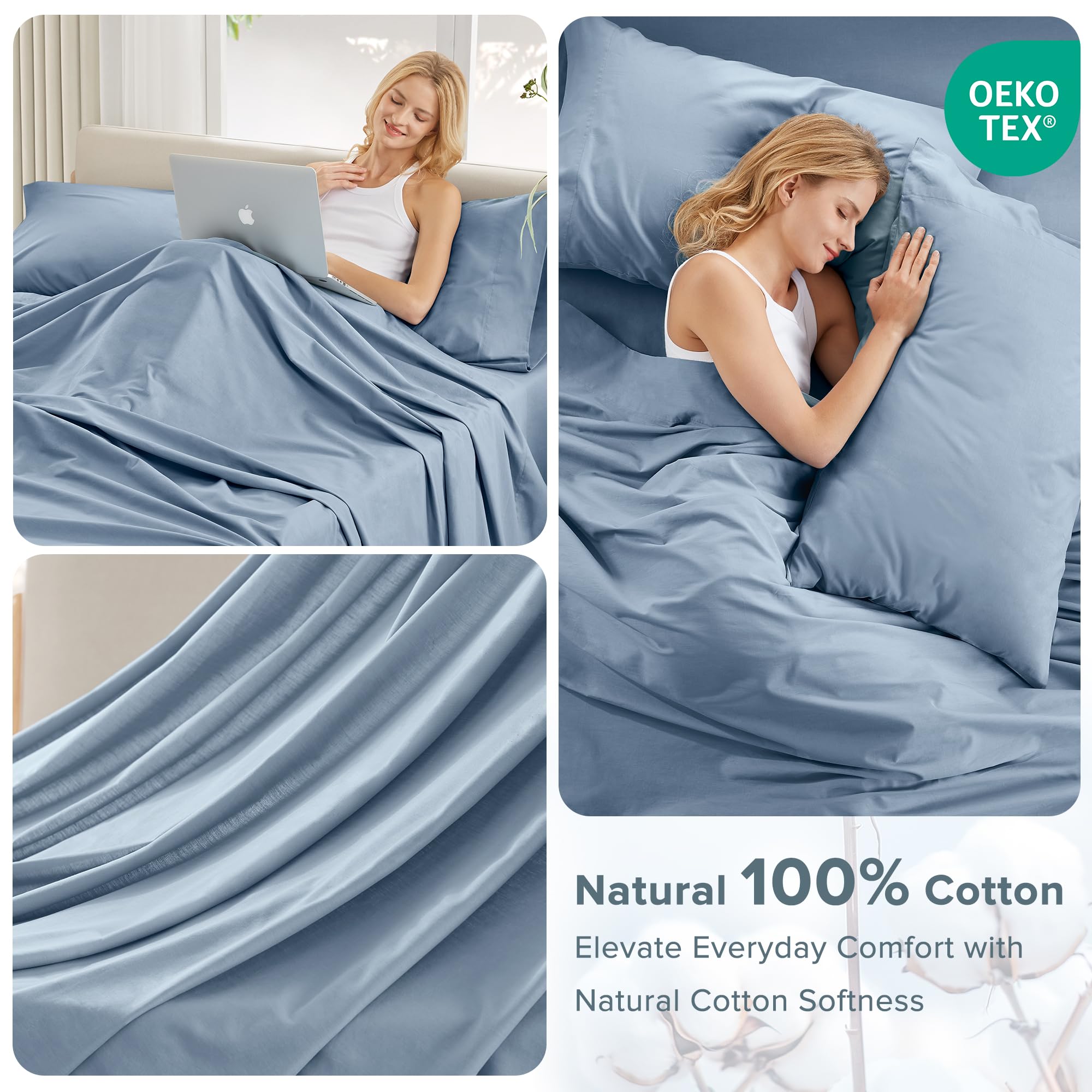 Blue 100% Cotton Percale Twin Sheet Set 3 Pcs U53239