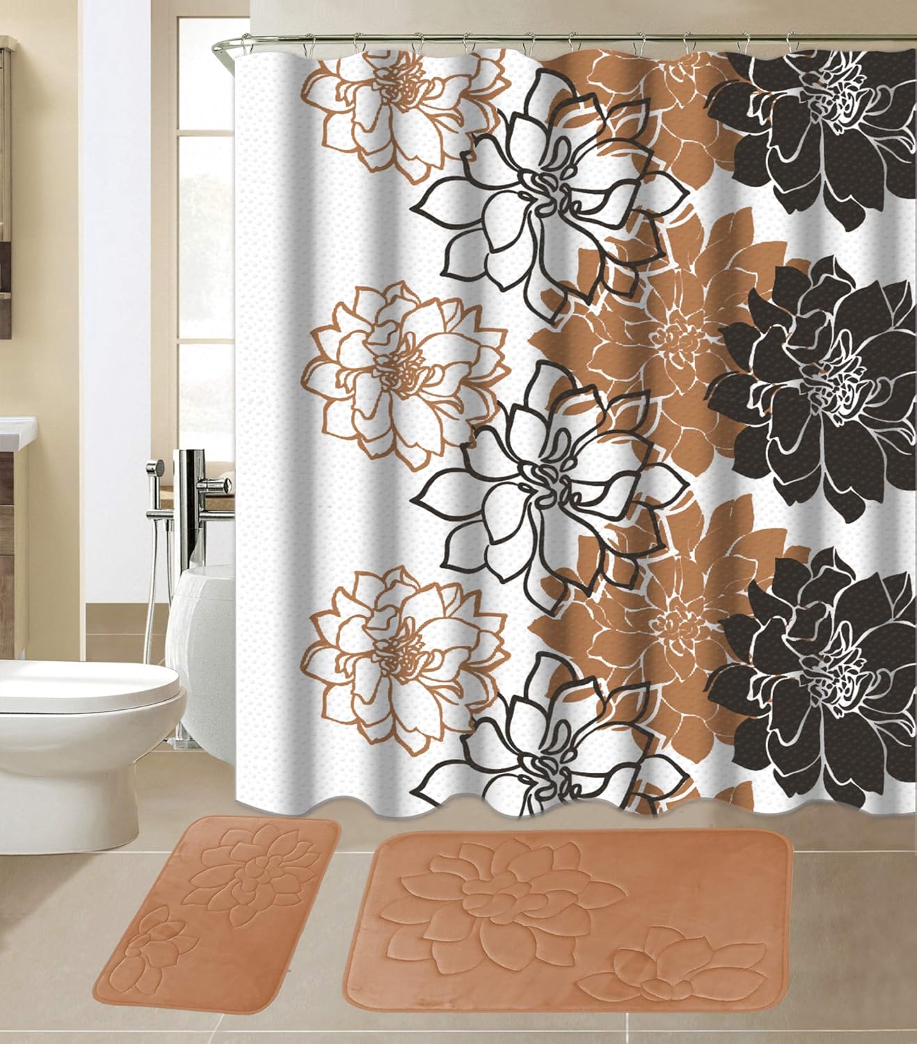 All American Collection 15-Piece Bathroom Set with 2 Memory Foam Bath Mats and Matching Shower Curtain | Designer Patterns and Colors (Flower Taupe)