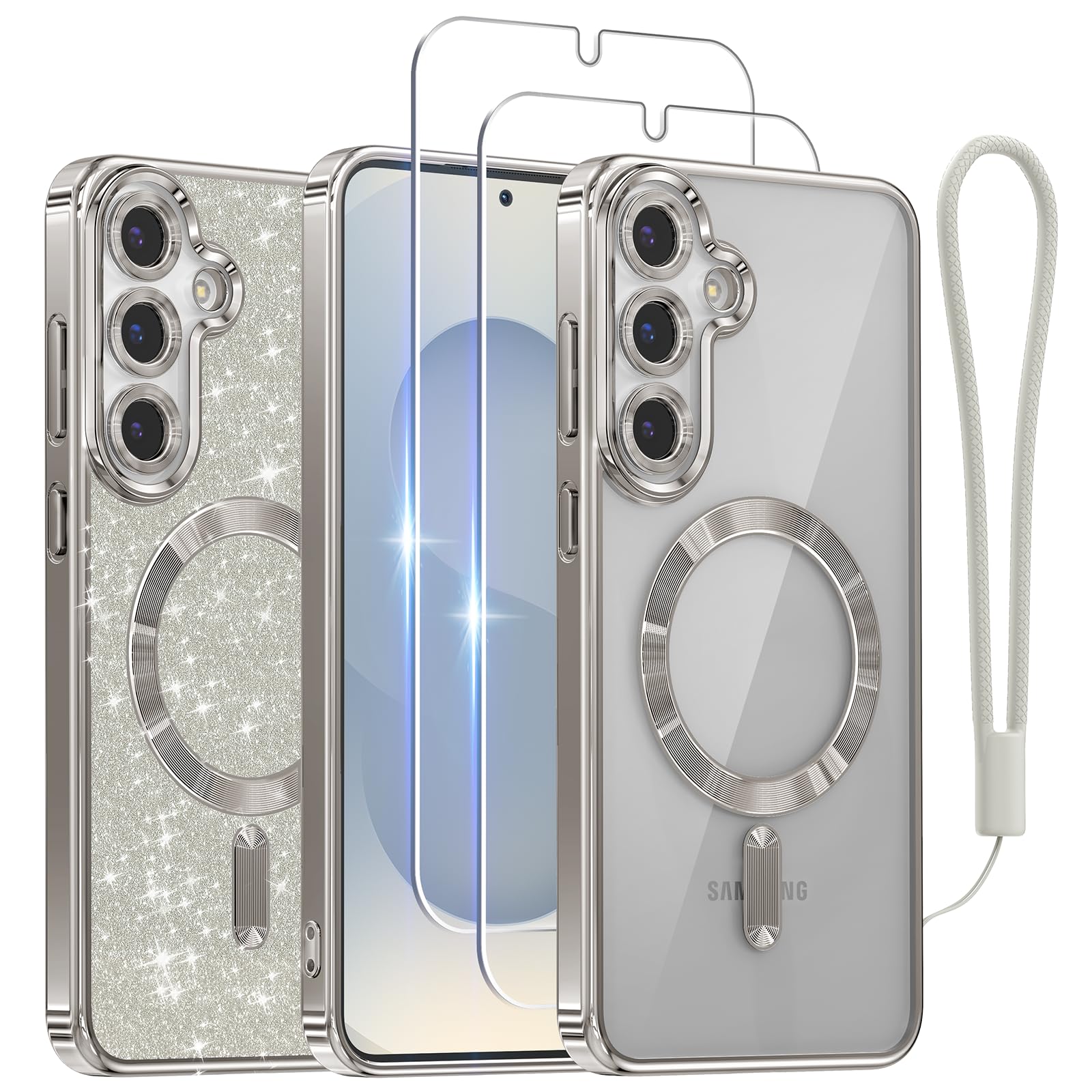 Meifigno Case Designed for Samsung Galaxy S25 6.2 inch, [Compatible with MagSafe] [2X HD Screen Protectors] [Glitter Card & Wrist Strap] Surround Lens