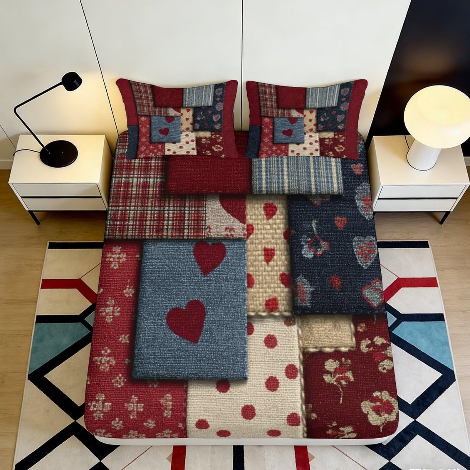 3D Printed Patchwork Heart Pattern Fitted Sheet Microfiber Soft Washable Retro Floral Bed Cover for Bedroom Guest Room Decor 90x200x25cm