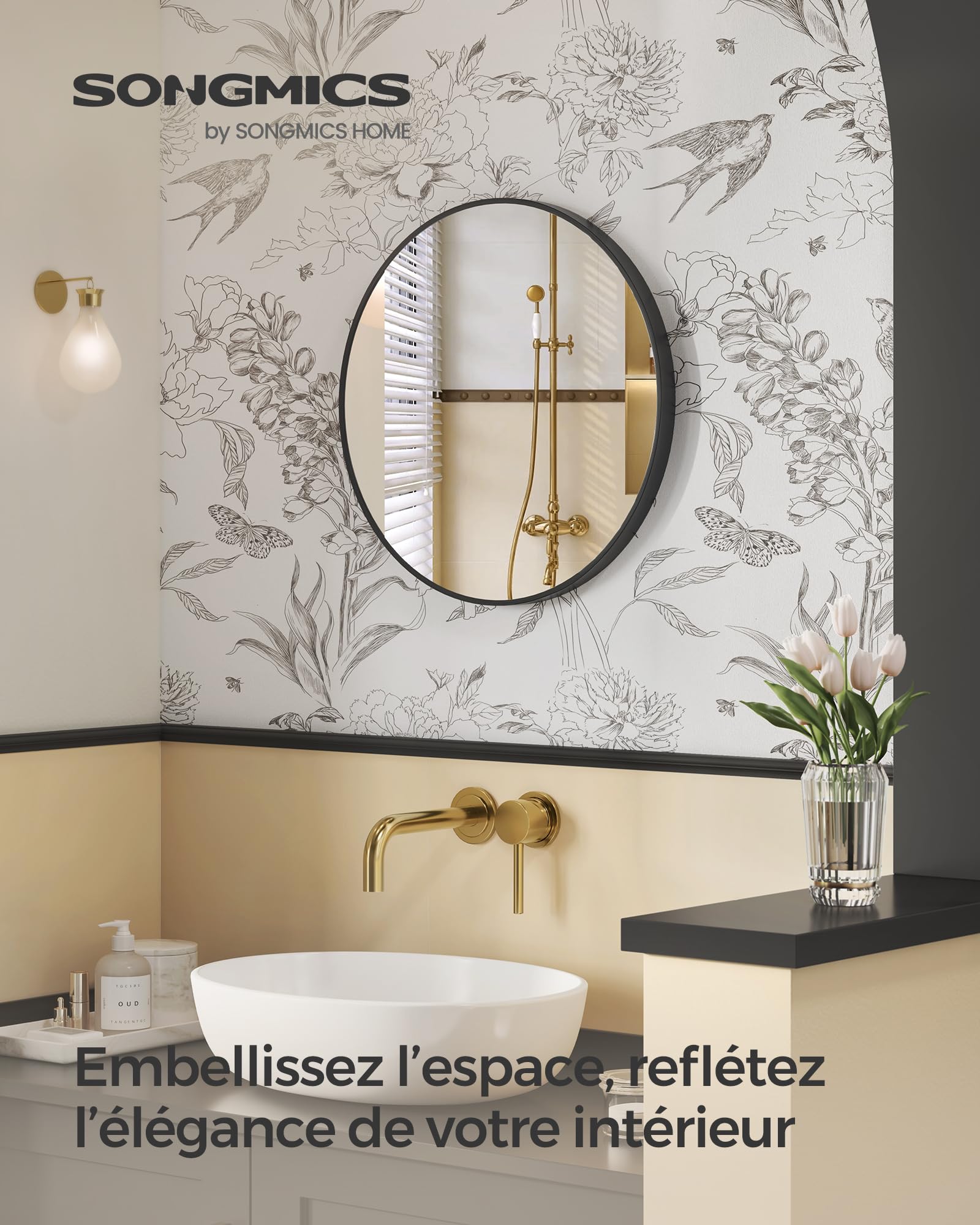 SONGMICS Miroir Rond, Miroir Mural, Diamètre 61 cm, Cadre en Métal, Facile à Installer, pour Salle de Bain, Salon, Chambre, Entrée, Couloir, Noir d'encre LWM102B01