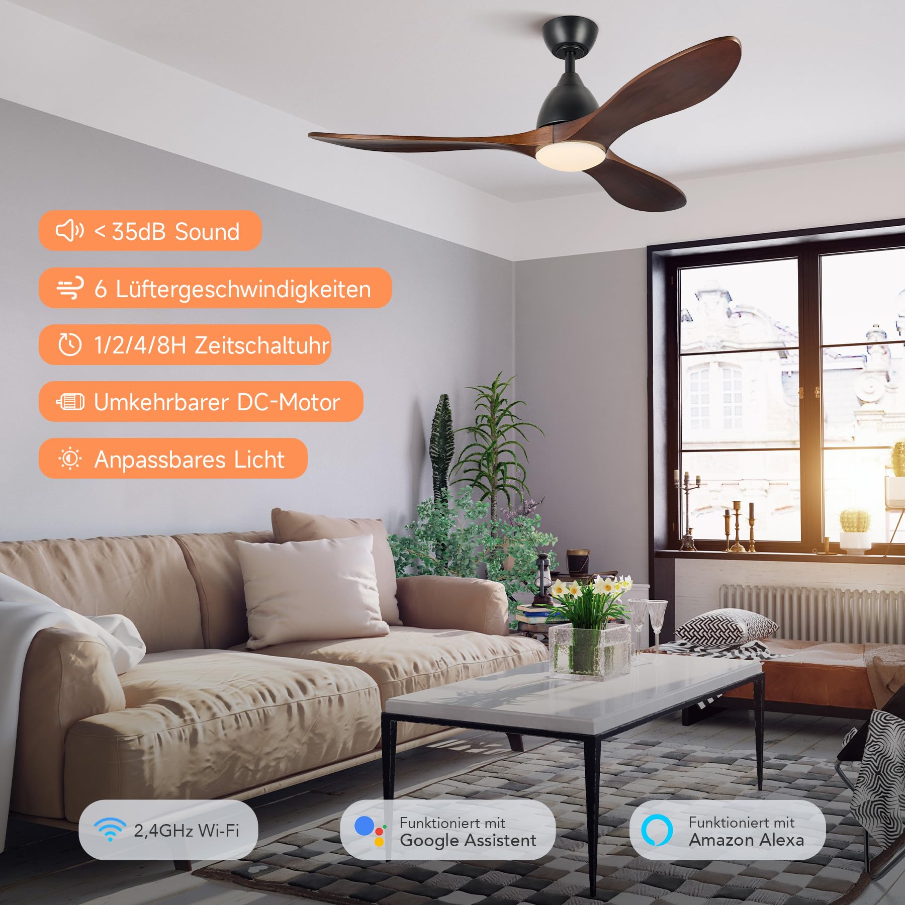 VONLUCE Deckenventilator mit Beleuchtung und Fernbedienung, 132 cm, 3 Flügel, leiser 6-stg. DC-Motor mit rev. Funktion & Timer, für Schlafzimmer, Wohnzimmer, Büro, Terrasse, Walnuss