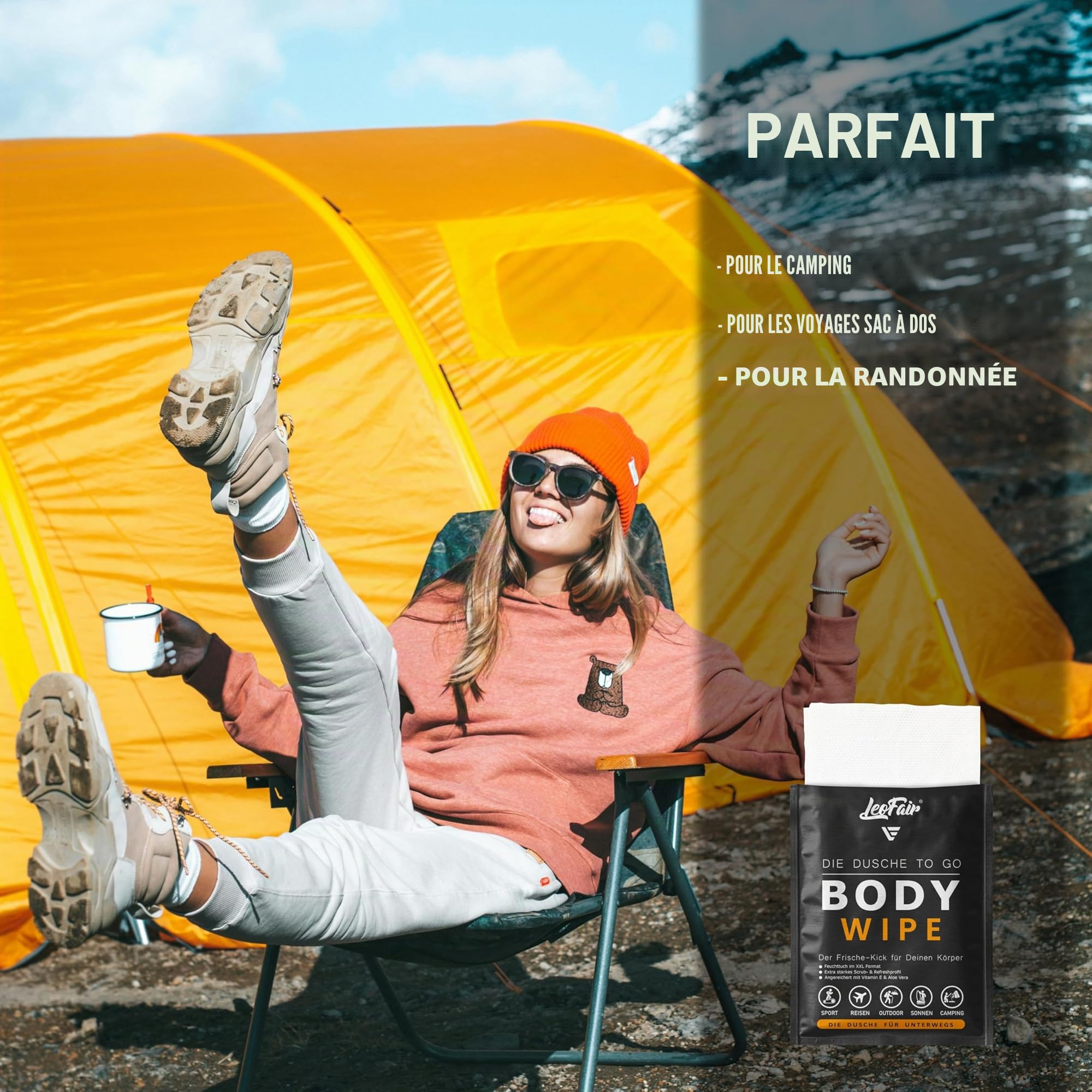 Lingettes pour le corps XXL - Lingettes humides pour les voyages, le camping, les festivals et en déplacement - 10 grandes lingettes humides emballées individuellement pour le visage et le