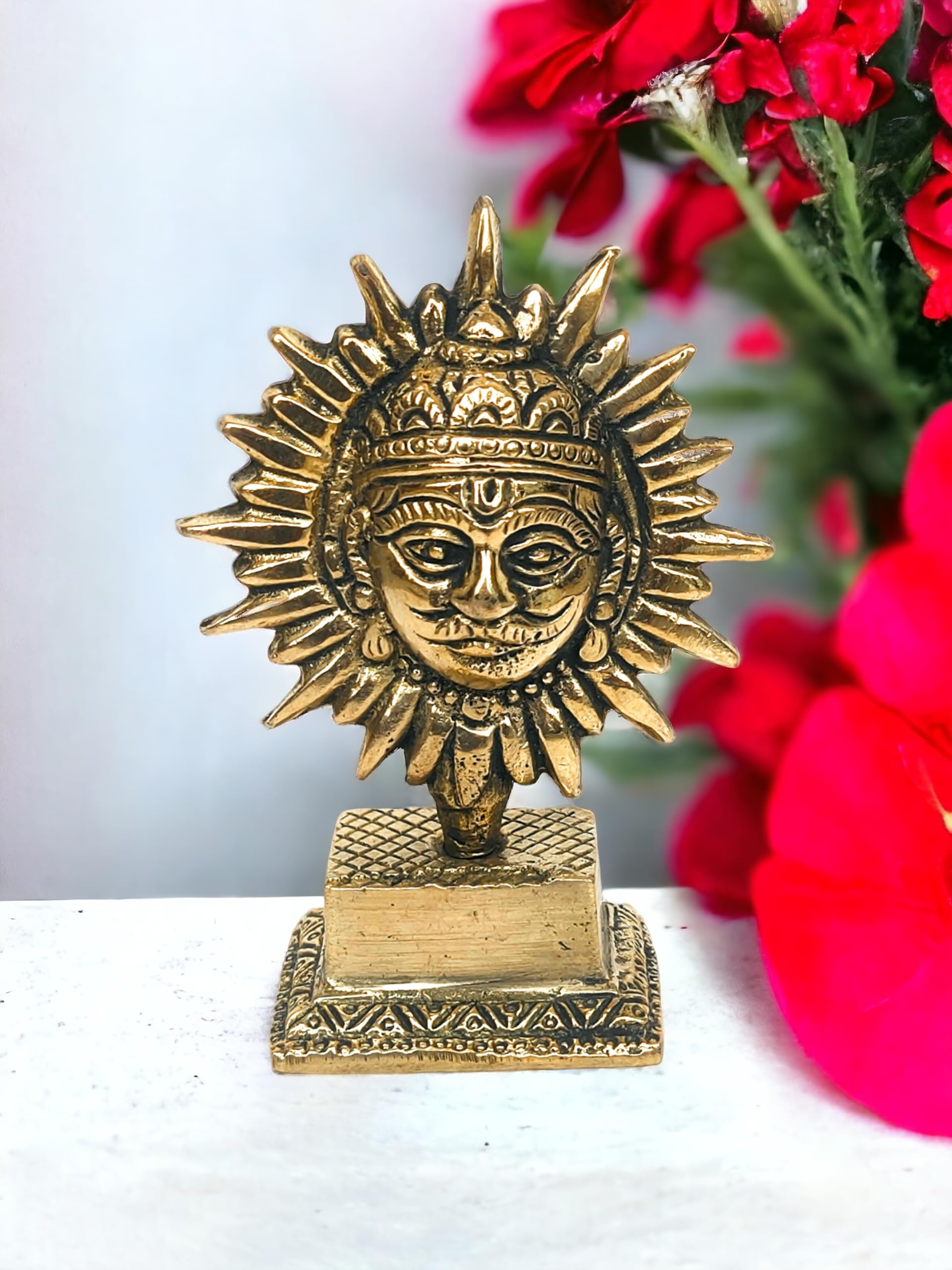 Blissful Decor Religious Surya,Suraj Dev Idol Metal Brass for Home Décor/Temple Puja/Office Table Showpiece,Sun Face Statue Puja Vastu Figurine Surya for Positivity -Small 200 GM