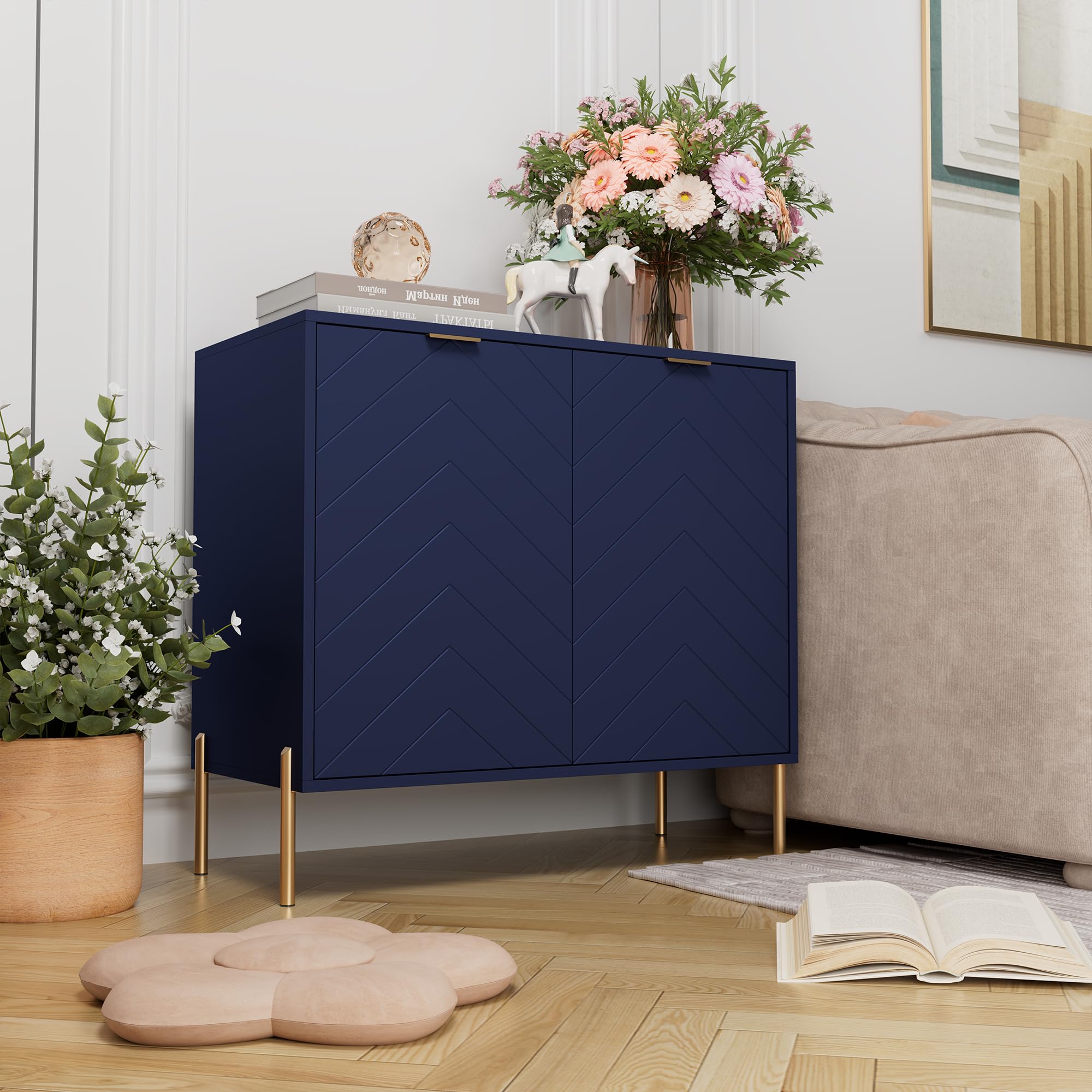 Clihome 32 in Storage Cabinet with 2 Doors,Monden Accent Cabinet with Adjustable Shelf?Free-Standing Sideboard with Gold Legs for Hallway, Living Room, Blue