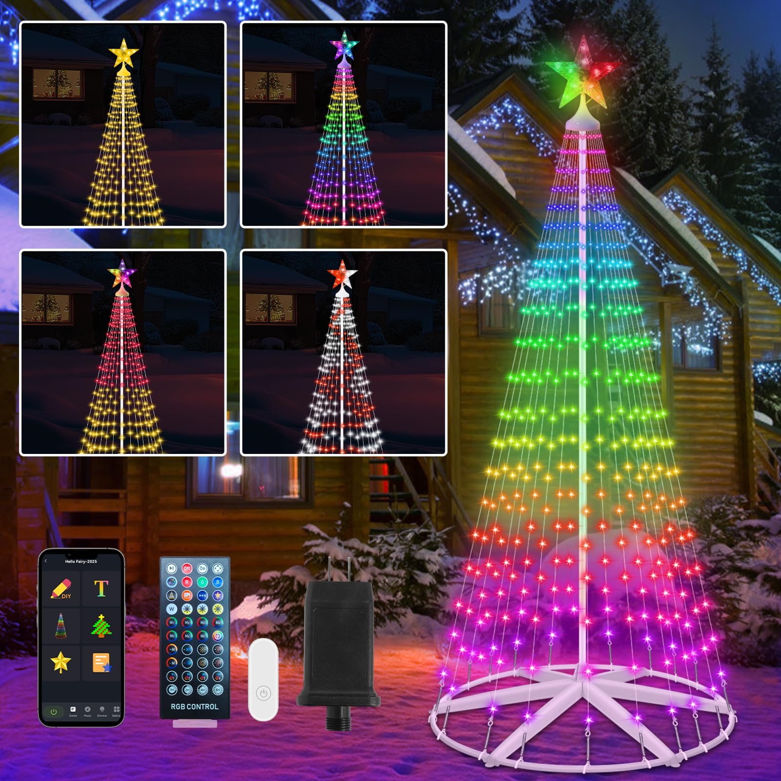 8FT Outdoor Christmas Tree, 388 LEDs RGB Color Changing Smart App Remote Control LED Christmas Cone Tree, DIY Multicolor Prelit Christmas Tree with Music Sync Timer Waterproof for Yard Decorations