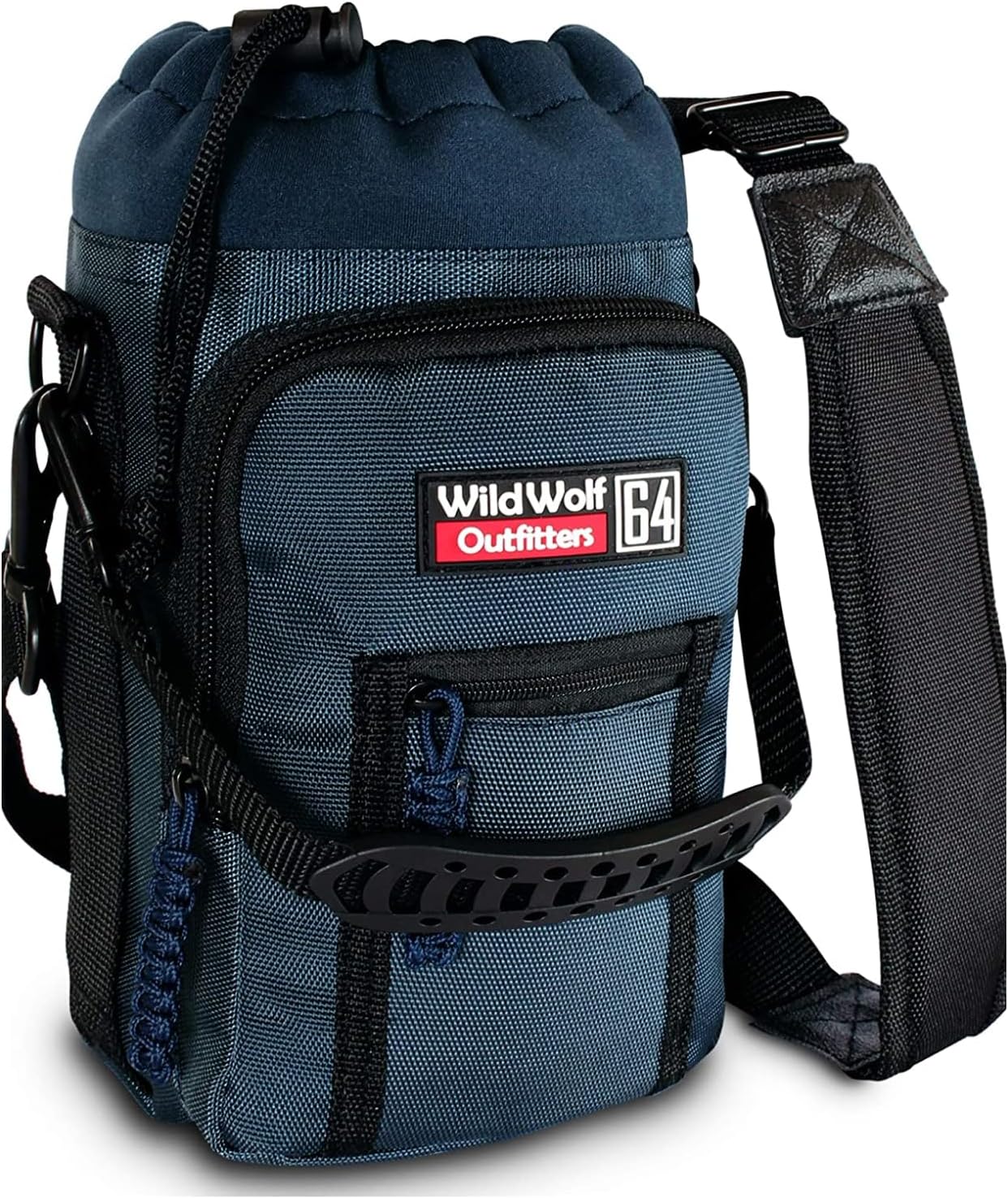 Water Bottle Carrier Holder with Adjustable Strap and 2 Pockets for Hands-Free Walking and Hiking | Navy, 1.9 L