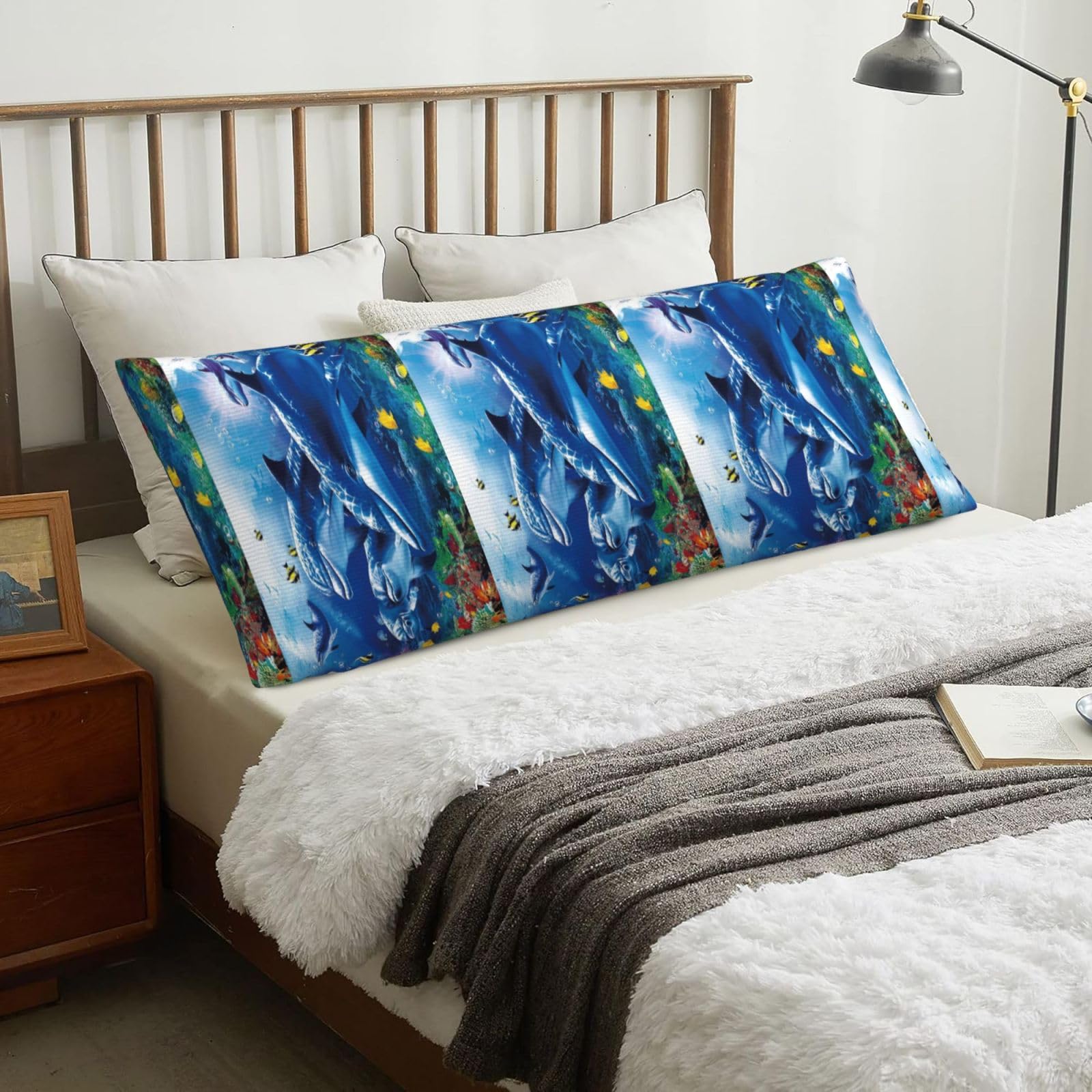 Marine Life Blue Sea World Coral Dolphin, Body Pillow Cover with Zipper,Long Body Pillowcase 20 x 60 in
