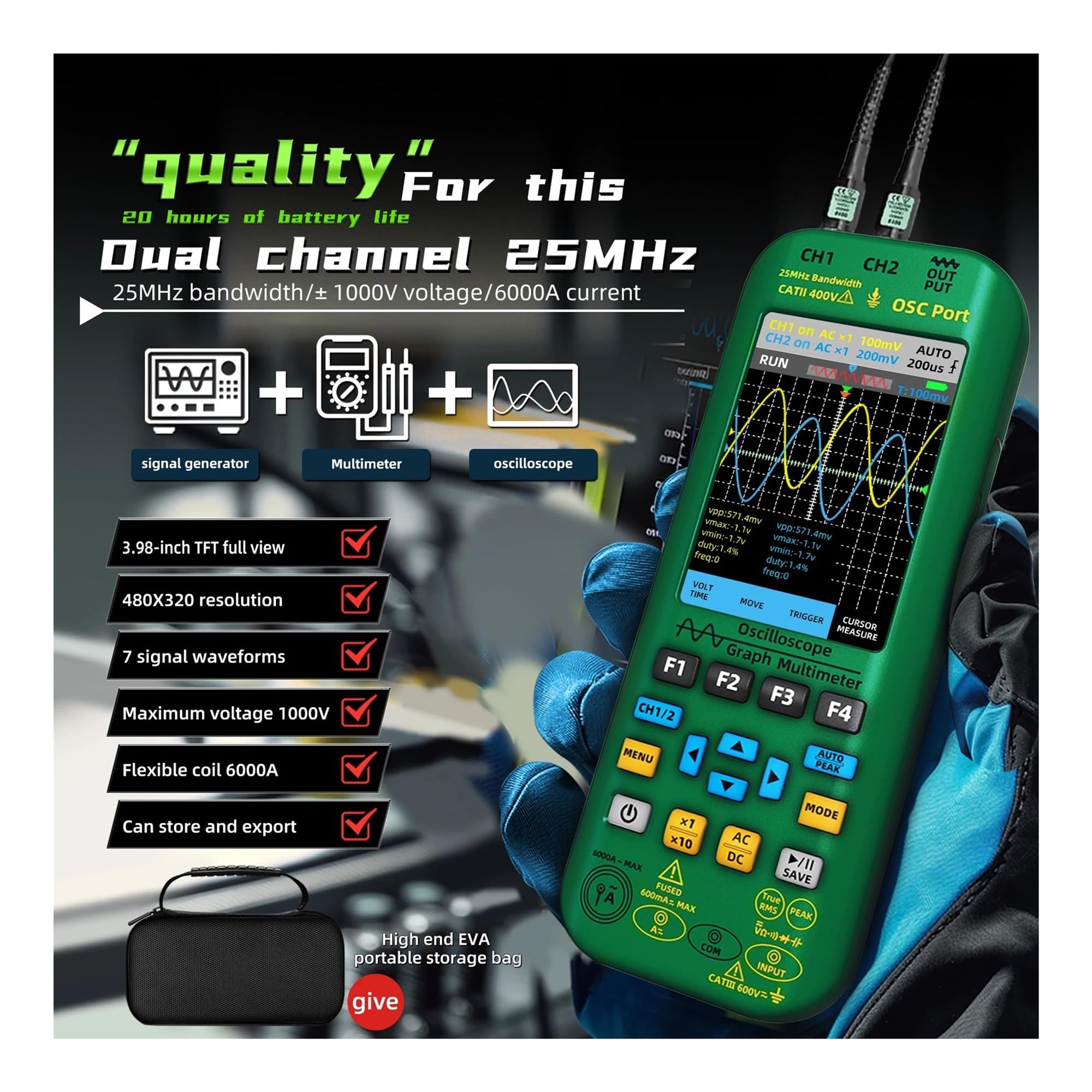 Osciloscopio portátil 4 en 1, multímetro Digital + generador de señales de función, Doble Canal, comprobador de Corriente O7:25MH/z/O9:50MH/z(O7 Kits)