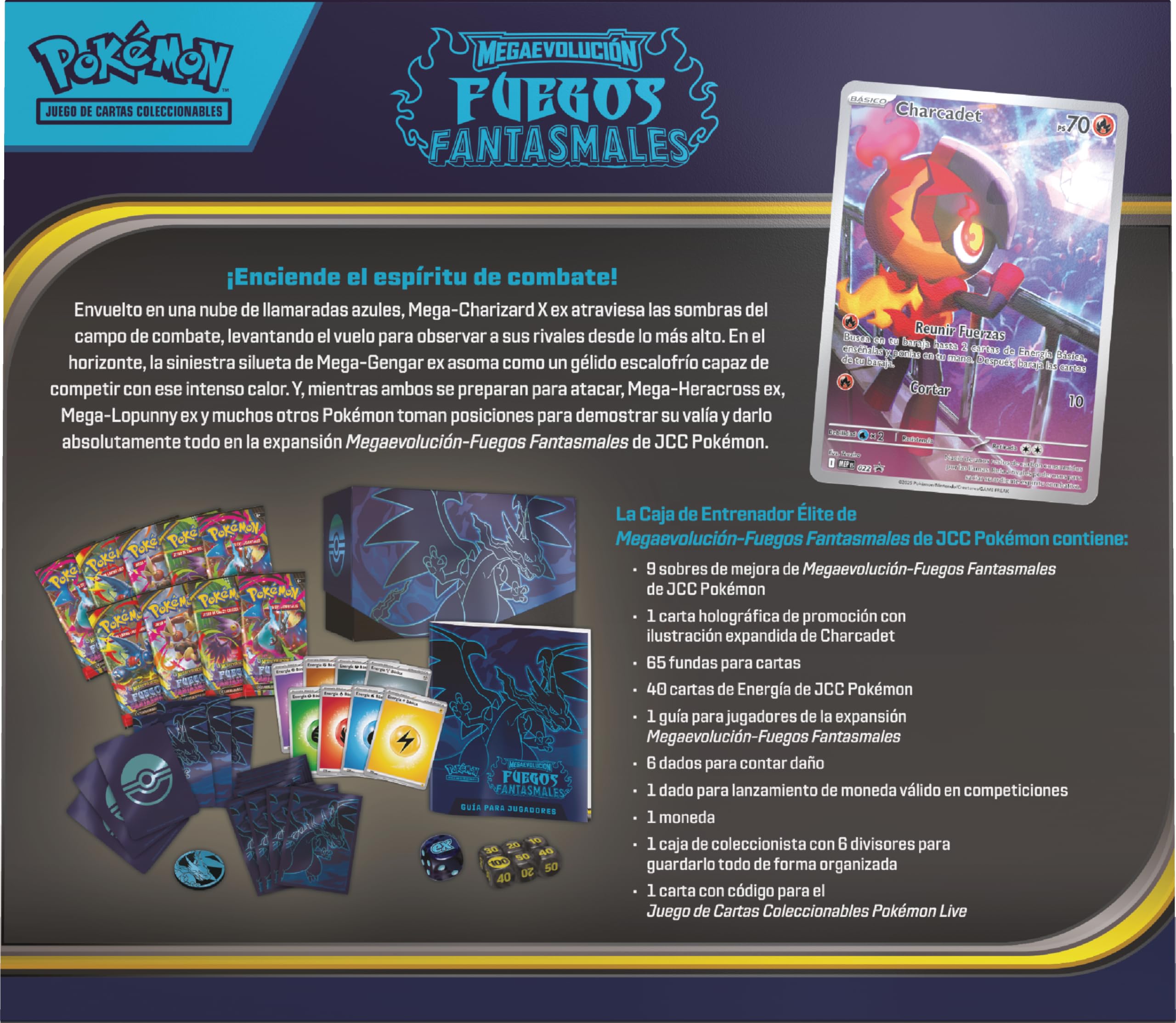 Pokémon: Caja de Entrenador Élite de Megaevolución-Fuegos Fantasmales de JCC Pokémon (1 Carta de promoción con ilustración expandida, 9 Sobres de Mejora y Accesorios prémium)