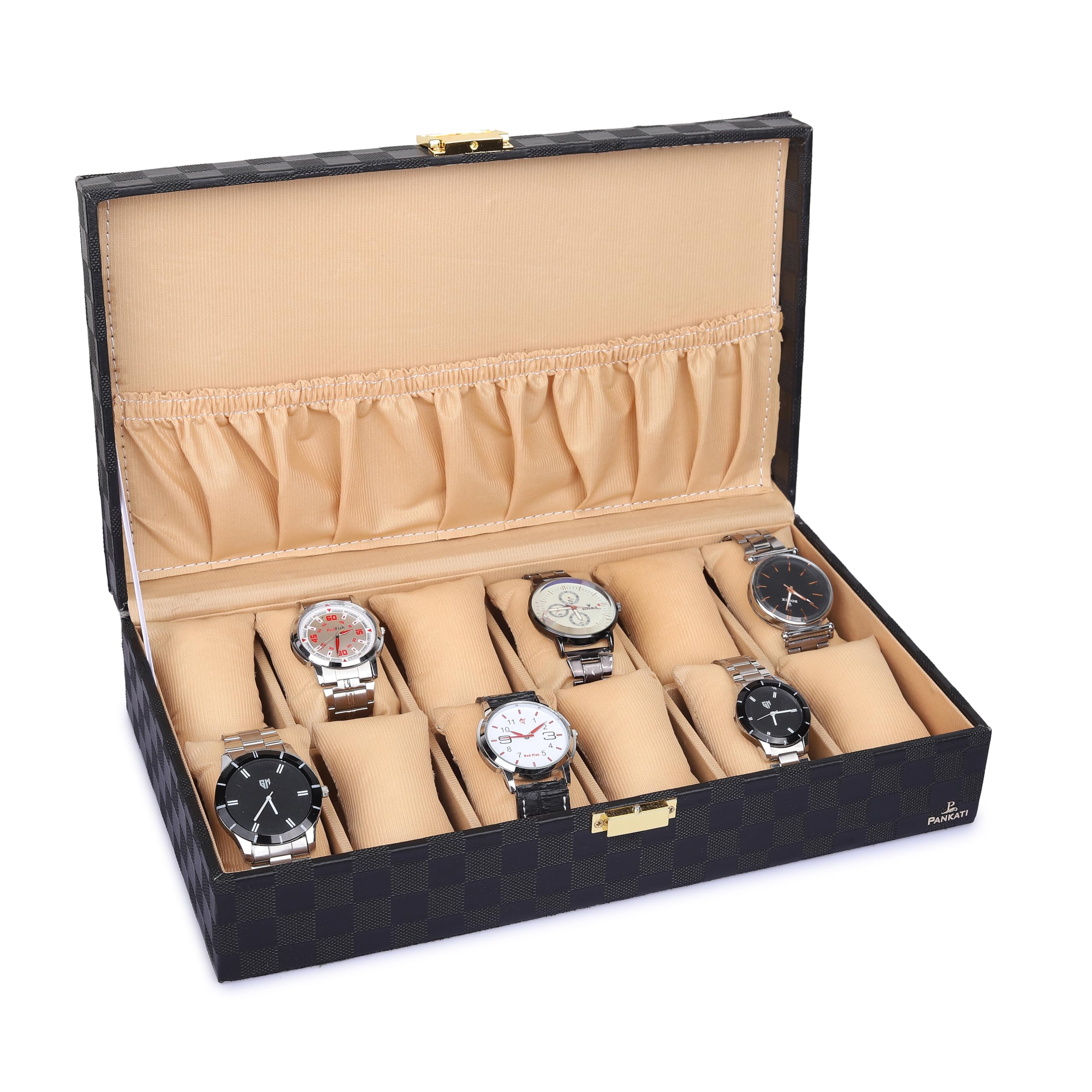 PANKATI® Wrist Watch Box Organizer Case for Men and Women in Black Color with 12 Slots - Black/Cream (B0CWP9N8XV) Amazon Price History, Amazon Price Tracker