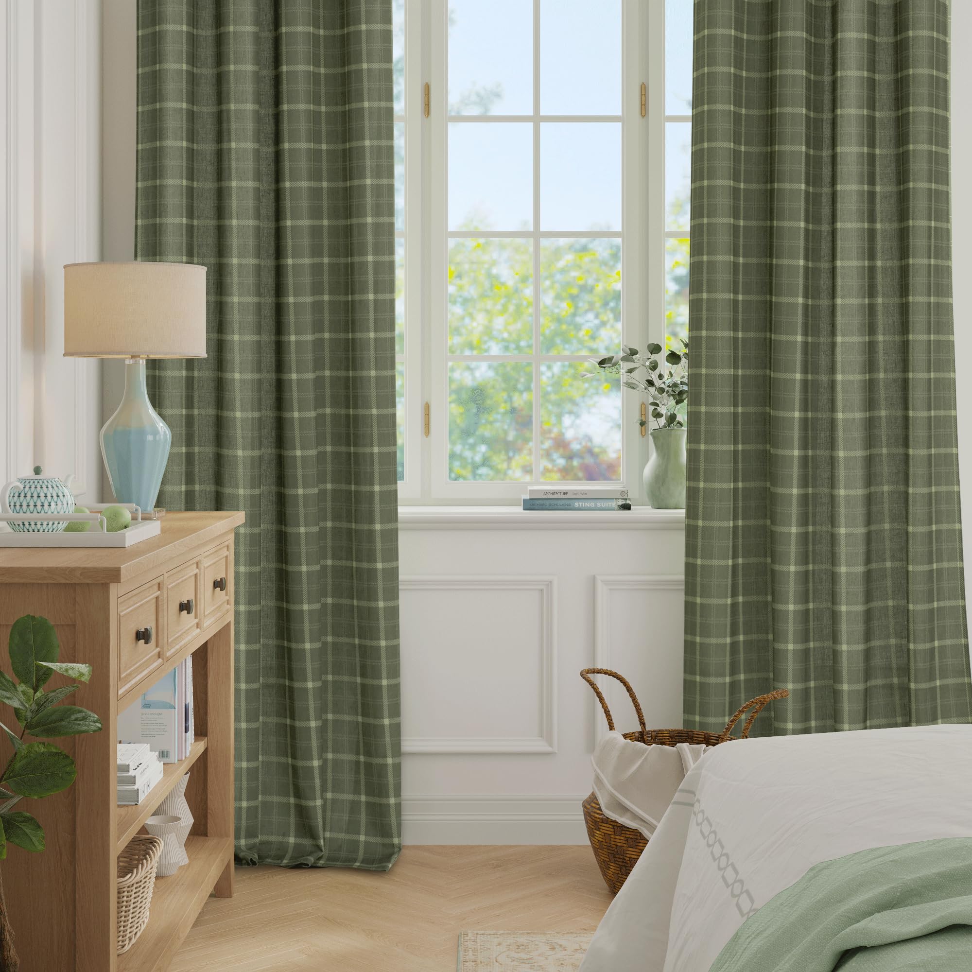 PONY DANCE Cortinas Salon Modernas 2 Piezas, Visillos de Lino Semitranslucidas para Dormitorio/Habitacion Juvenil Estampada de Cuadros Rusticas con Ojales,132x245cm,Verde Global Recycled Standard OEKO-TEX STANDARD 100 Global Recycled Standard Global Recycled Standard