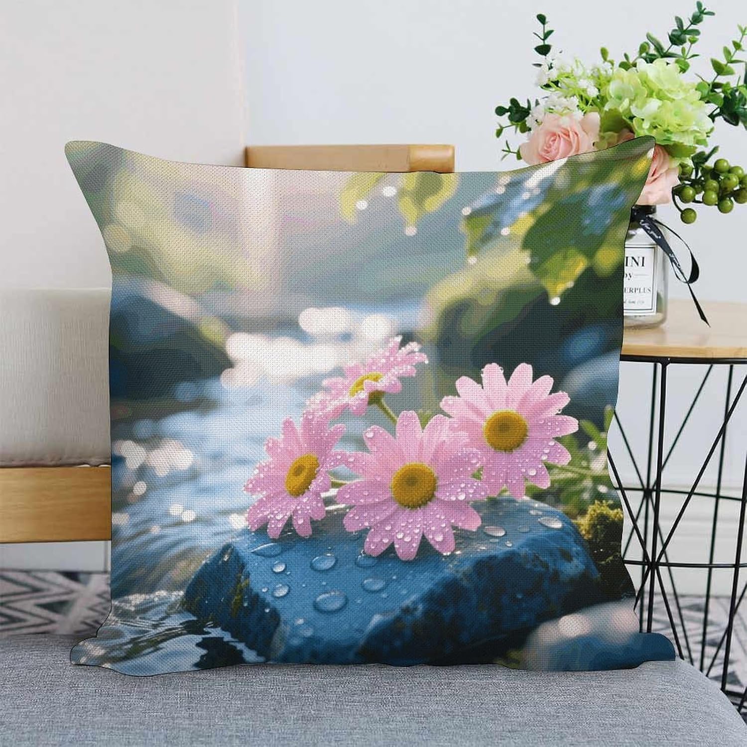 Pink Daisy Pillow Protectors Cute Waterproof Pillow Cover Soft Skin-Friendly Cushion Case Decorative Square Cushion Cover for Couch Sofa Bed Living Room Bedroom