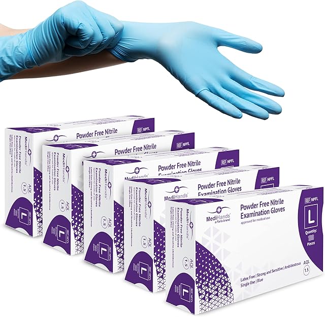 MediHands Nitrile Gloves Large, Blue Heavy Duty Disposable Gloves, Powder Free, Latex Free, and Protein Free, Medical, Food, Multi Use, Pack of 500