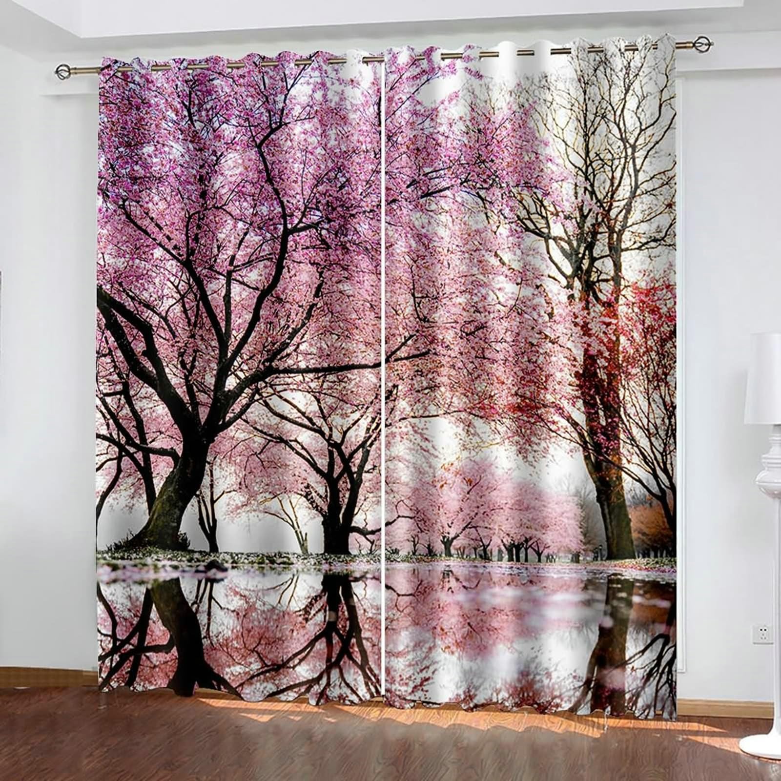 Gualiy Wohnzimmer Vorhänge, Vorhänge Blickdicht 107x138cm Kirschbäume Ösenvorhang Verdunkelung 2er Set