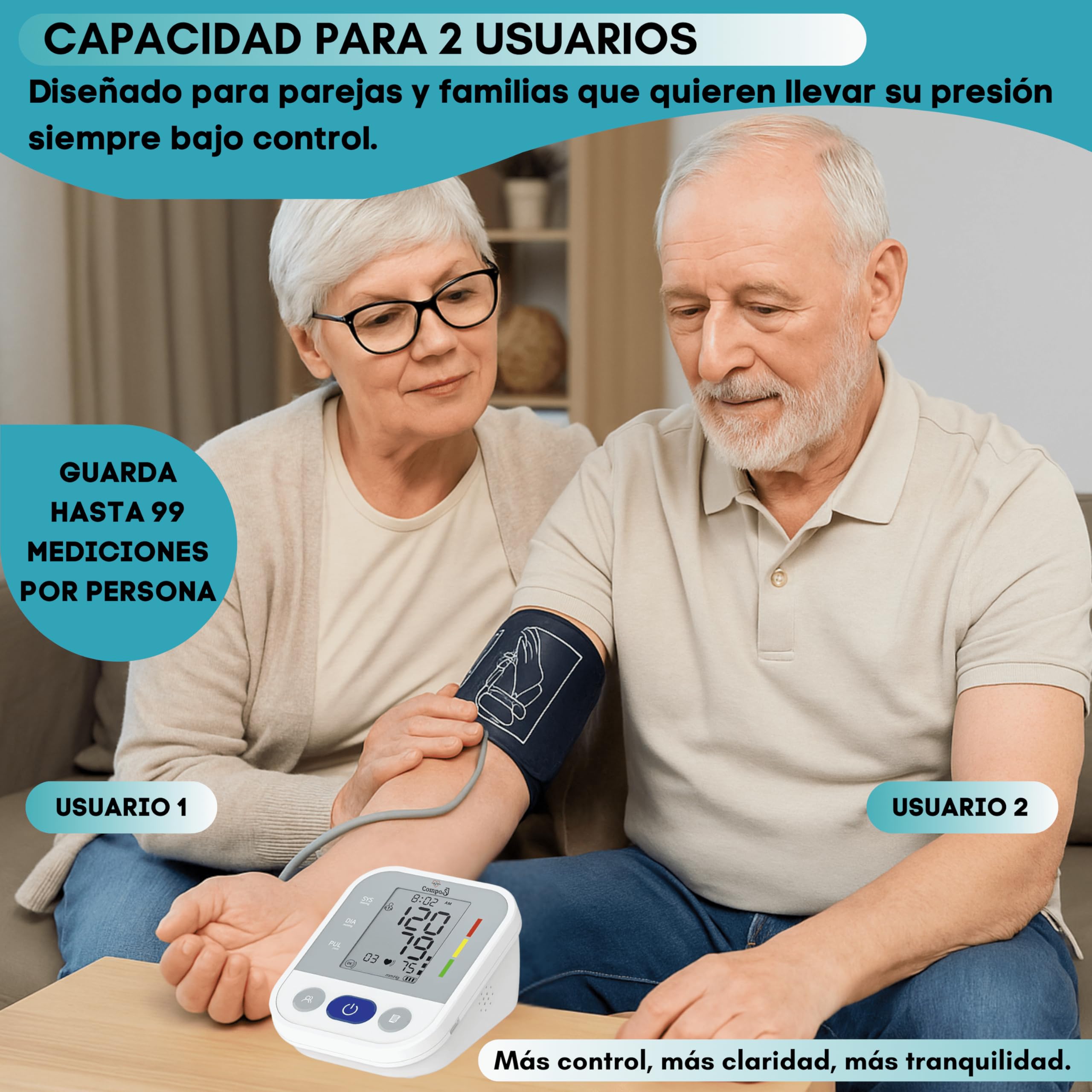 Tensiómetro de brazo Monitor de Presión Arterial Digital Detección de Arritmia, Medición Precisa, Memoria hasta 99 lecturas, Brazalete Ajustable 22-42cm, para Mayores Familias. Incluye Pilas