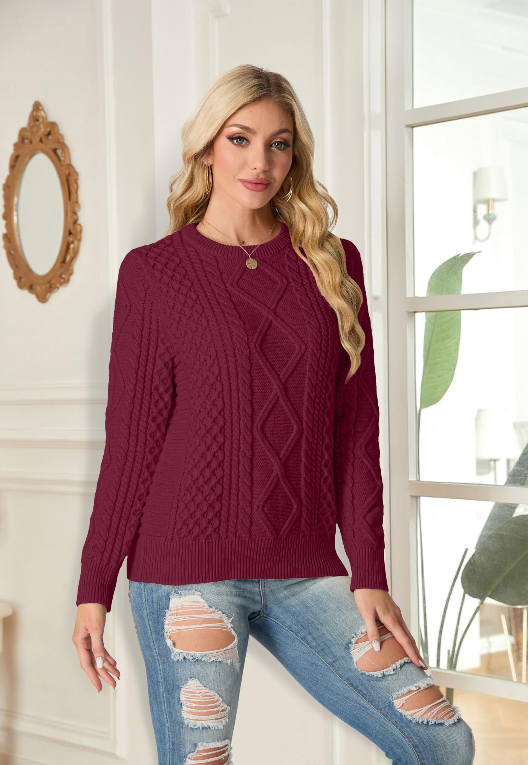 GRECERELLE Maglione da donna girocollo lavorato a maglia a trecce maglioni da donna maglioni da donna UK maglione a maniche lunghe pullover top