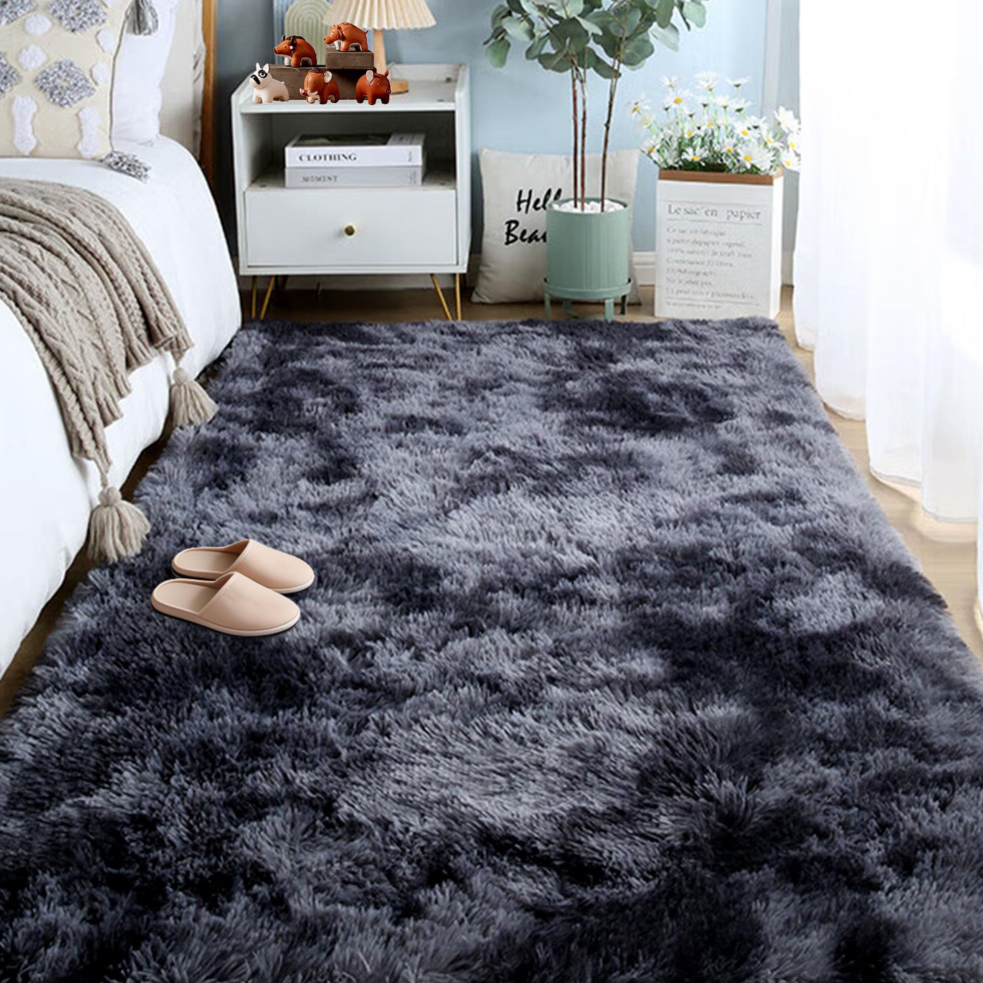 Tapis de Salon Moelleux à Poils Longs 140 x 190 cm Intérieur Moelleux Épais Tapis de Sol Doux Moderne Chambre Bébé Pépinière Dortoir, Gris Foncé