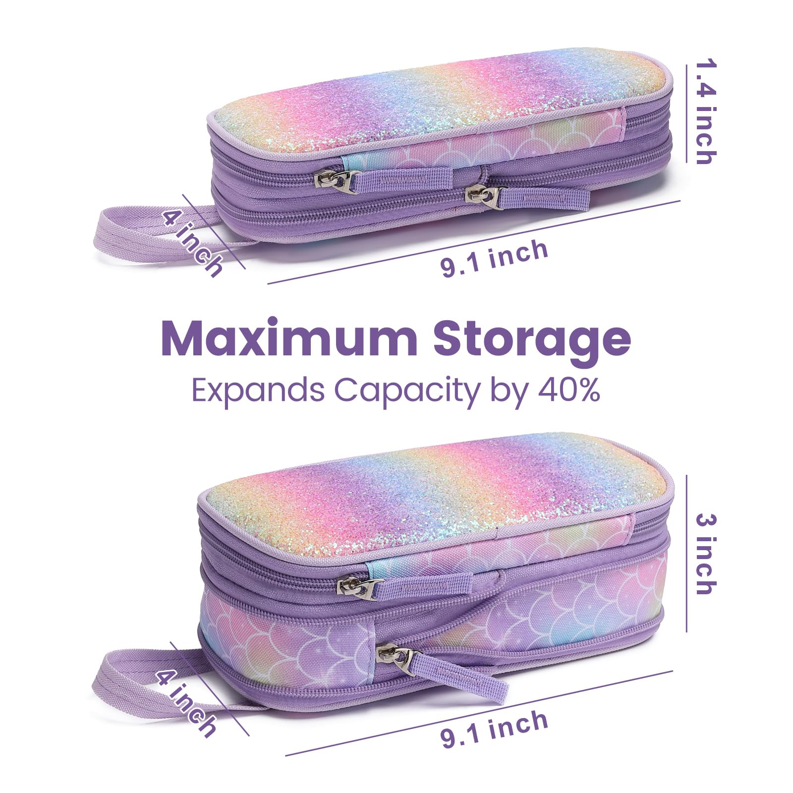 Bagseri Trousse à crayons extensible de grande capacité pour filles et enfants, trousse à crayons pour étudiants, fournitures scolaires et de bureau, trousse uniquement (violet, écailles de sirène)