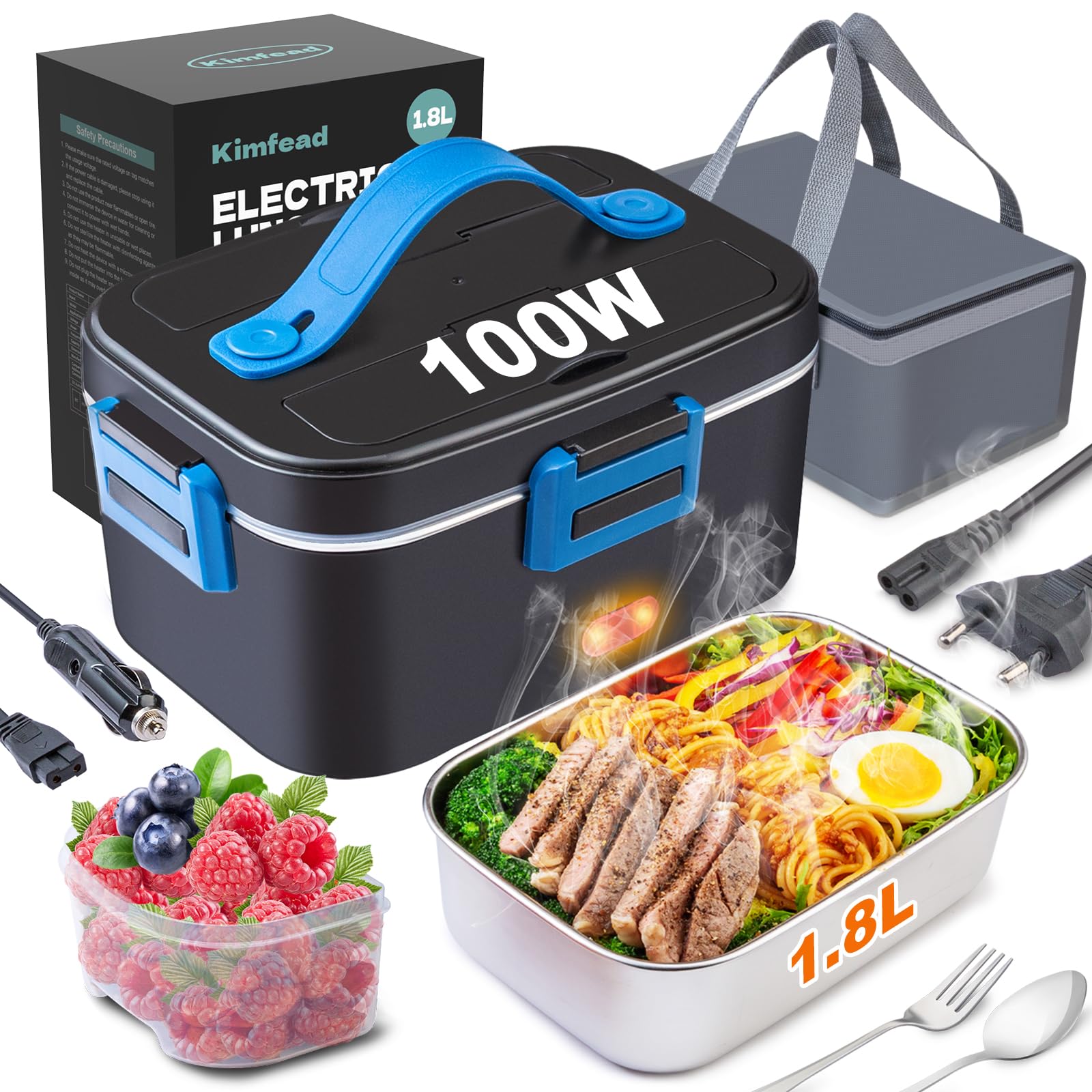 Fiambrera Eléctrica 100W Acero Inoxidable 1,8 L Taper Electrico para Comida 12V/24V/230V, Calentador de Comida para Coche/Camión/Oficina, bolsa comida Trabajo(1.8L-Azul)