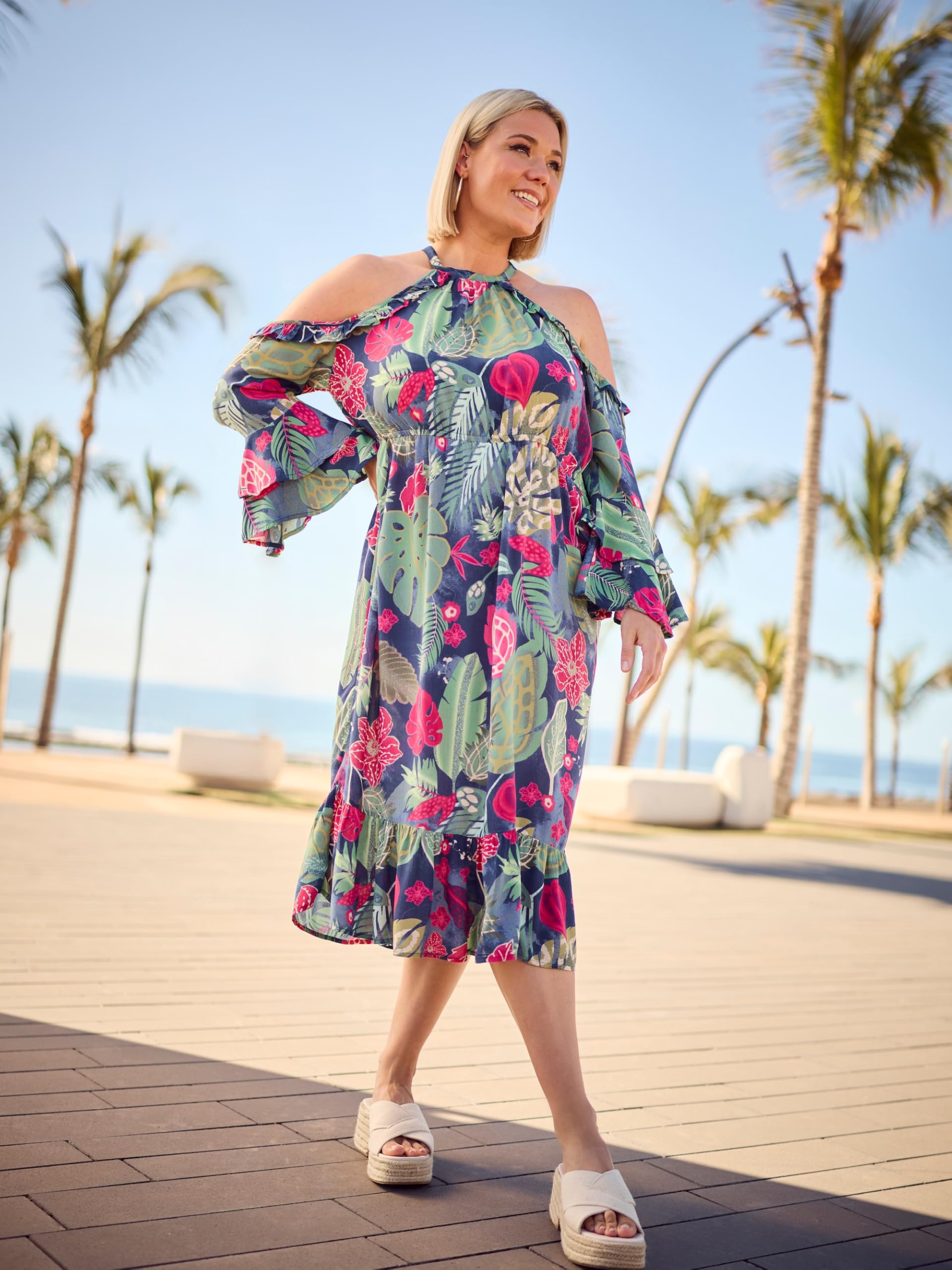 Ulla Popken Damen große Größen Übergrößen Plus Size Kleid, A-Linie, Rundhals, schulterfrei, 3/4-Arm 842471