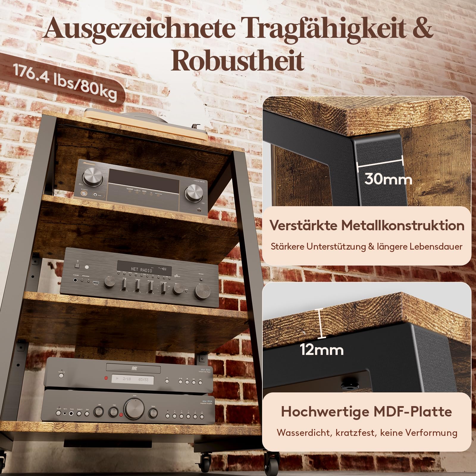 Lifewit 4-stufiger HiFi Regale mit Rädern und verstellbaren Ablage, Plattenspieler Tisch mit Steckdosenleisten und LED-Leuchten, AV-Medienständer Für Wohnzimmer/Heimkinoer, 60 x 55 x 90 cm, Schwarz
