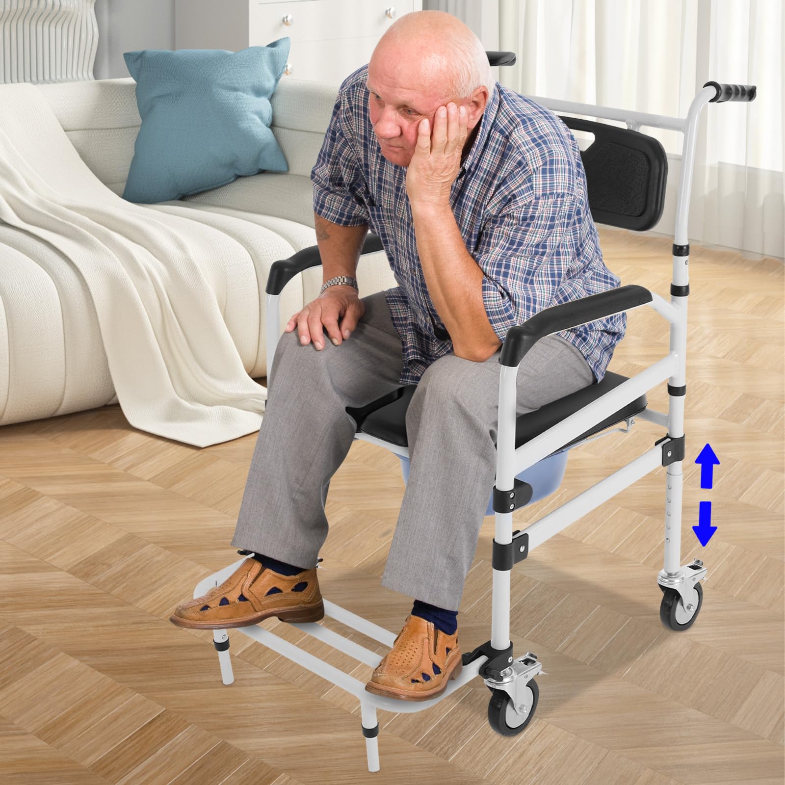 Silla de inodoro con ruedas y freno, silla de ducha plegable y ajustable en altura, silla de ducha con cubo de 10L, capacidad de carga 100kg, para personas mayores, cuidado de discapacitados