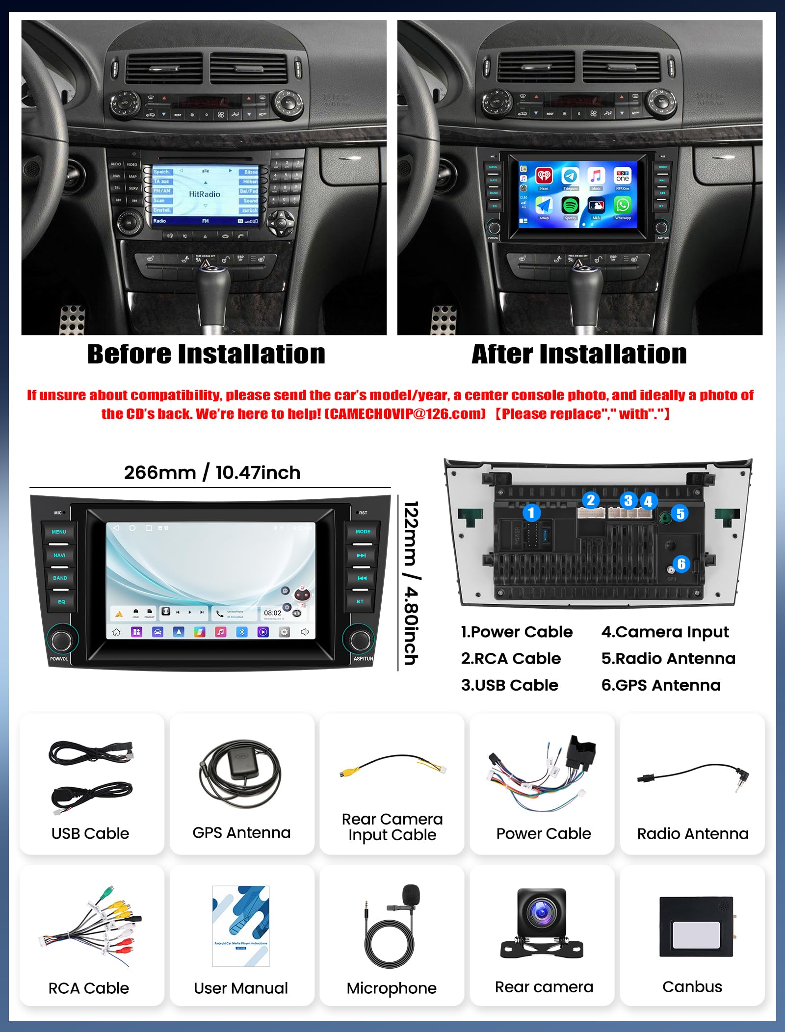 CAMECHO 2+64G Android 15 Carplay Autoradio per Mercedes Benz W211 Classe E Classe CLS W219 (2005-2008), Nav Android Auto Wireless, Schermo Touchscreen da 7" Radio WiFi Bluetooth Mirror Link FM/RDS
