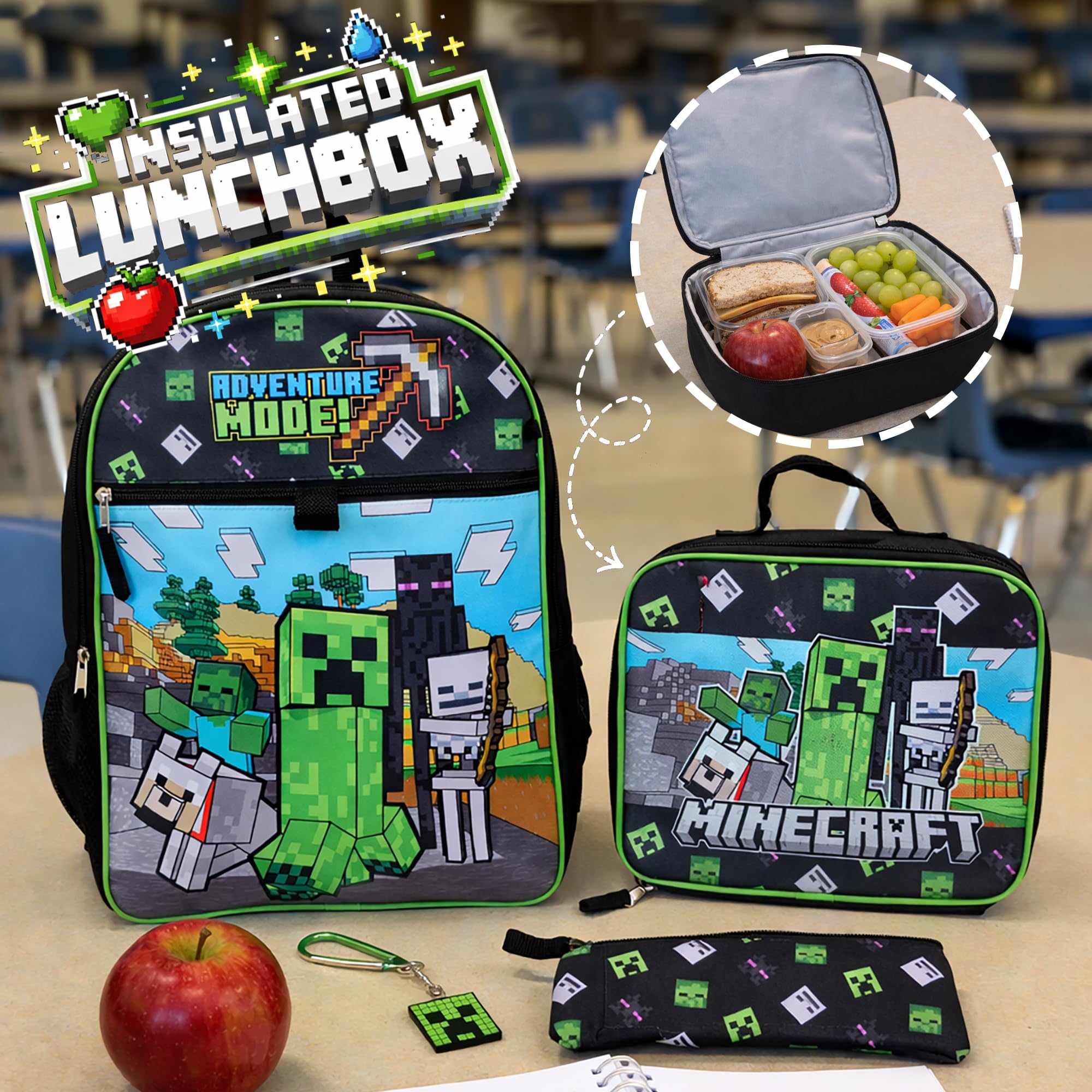 Bioworld Minecraft - Juego de 5 piezas: mochila de 16 pulgadas, fiambrera, funda de utilidad, llavero de goma y mosquetón, multicolor, 1 tamaño, moderno