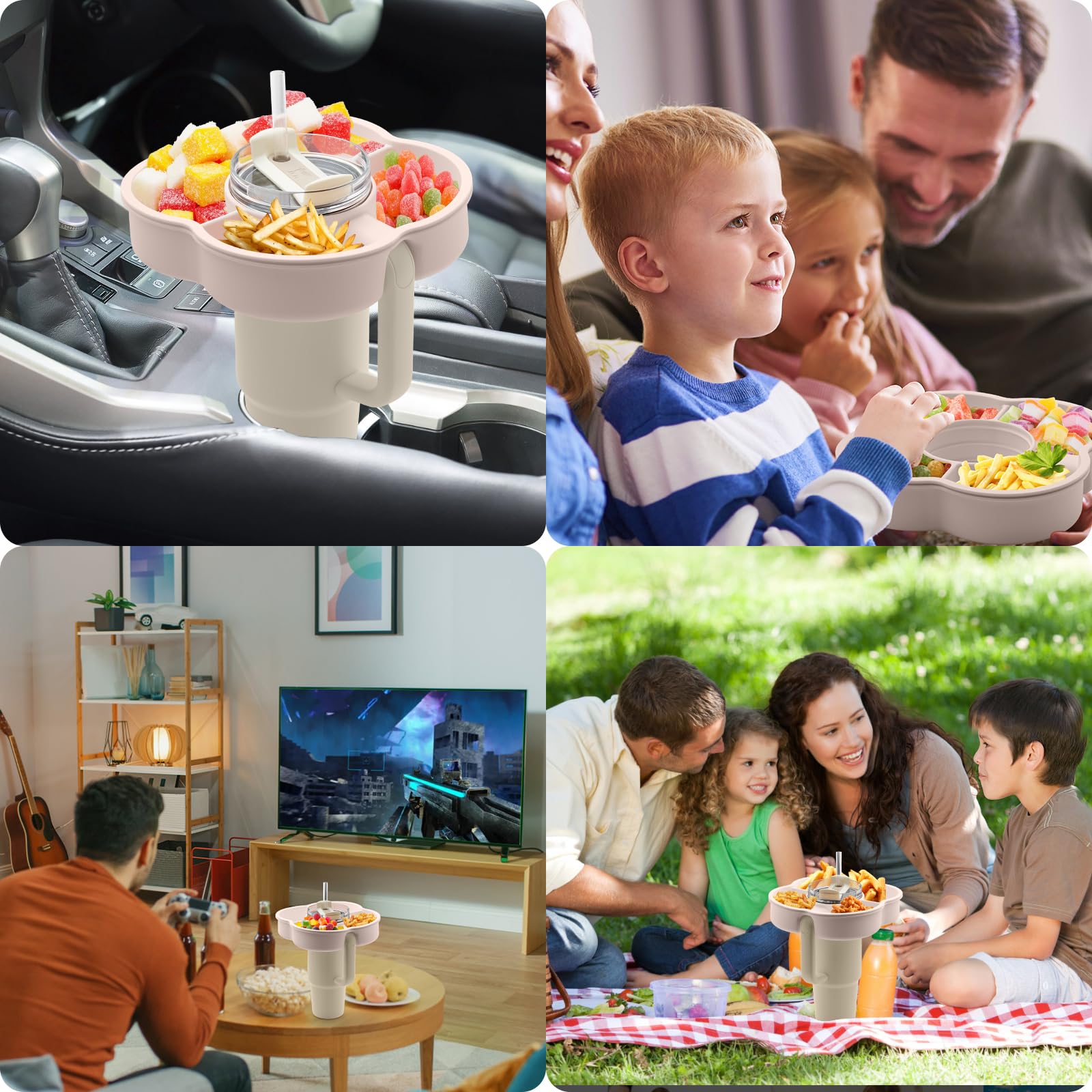 Zonyee Snack Bowl with Lid for Stanley 40oz Tumbler with Handle, Silicone Reusable Snack Tray Snack Ring for Stanley Cup Accessories,: Rose Quartz