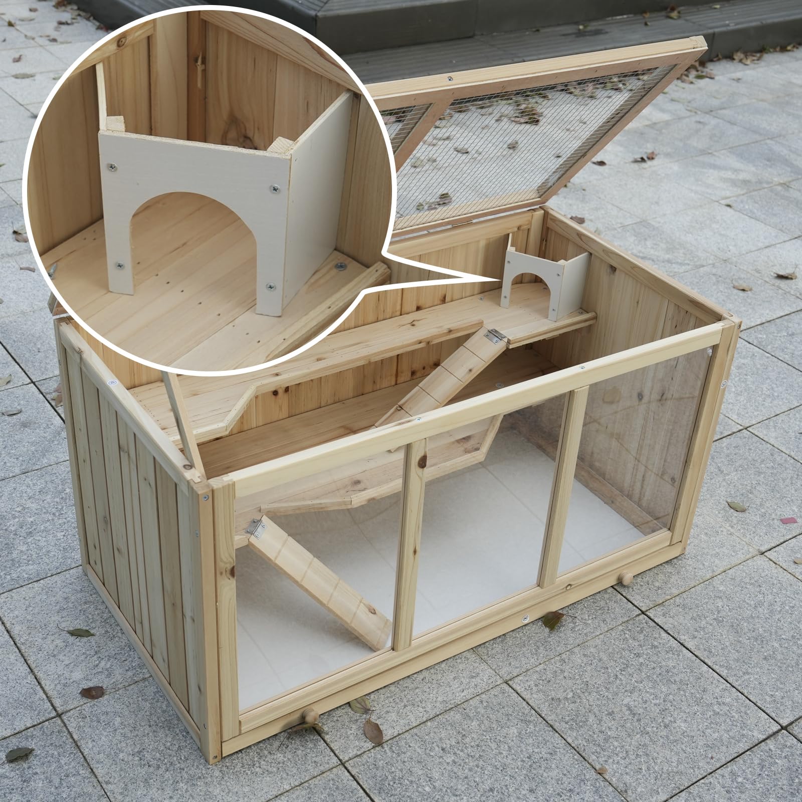 Hamsterkäfig aus Tannenholz, 94,5 x 48,5 x 49,5 cm, mit Plattformen, Leiter und Hütte