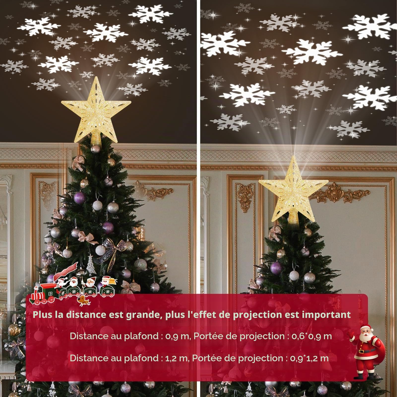 Johiux Etoile Sapin de Noel,Pointes de Sapin 3D Rotation Projecteur,Etoile Sapin de Noel Lumineuse,Arbre de Noël Topper,Cimier de Sapin de Noël