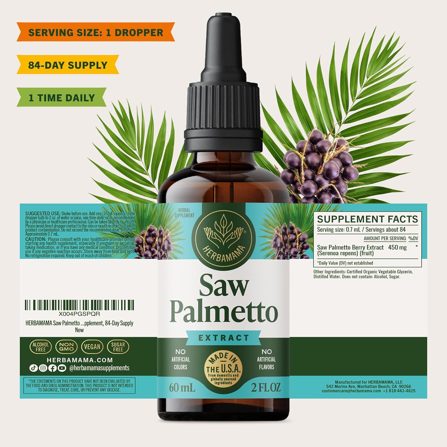 HERBAMAMA Saw Palmetto Extract – Saw Palmetto Herbal Supplements for Hair Health* & Urinary Tract Support – Men's & Women's Hormone Balance Supplement – Non-GMO, Alcohol & Sugar-Free, 84-Day Supply