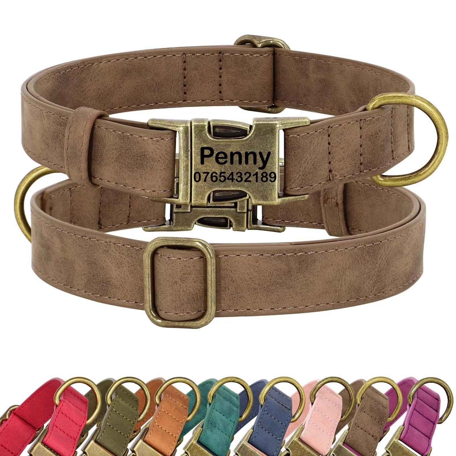 SEOUGEE Personalised Dog Collar with Engraved Name and Number, Custom Soft PU Leather Dog Collars, Adjustable & Durable Pet Collars with Quick Release Metal Buckle for Small Dogs (S, V-Brown 25-35cm)