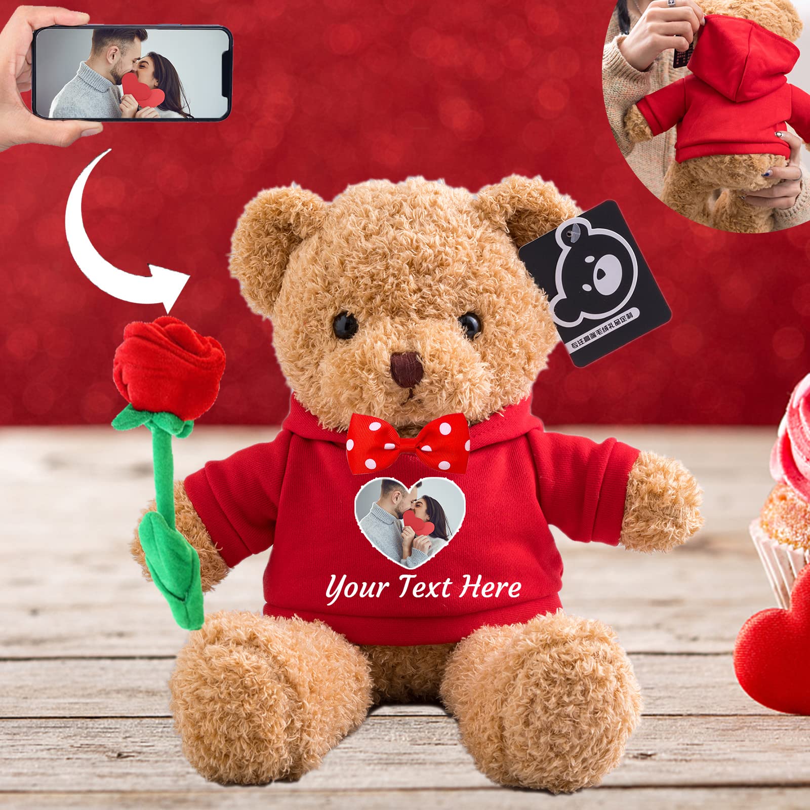 Personalised Teddy Bear with Photo & Text, Stuffed Animal with Rose & Bow - Perfect 'I'm Sorry' Gift for Her on Valentine, Anniversary or Birthday (12-Inch Red Hoodie)