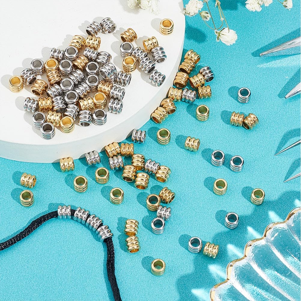 UNICRAFTALE 100Pcs 2 Colors Paracord Bead Stainless Steel Lanyard Beads Grooved Loose Beads 4.5-5mm Diameter Metal Column Beads Jewelry Spacer Bead Hole 3mm for Necklace Bracelet Jewelry Making - Image 2