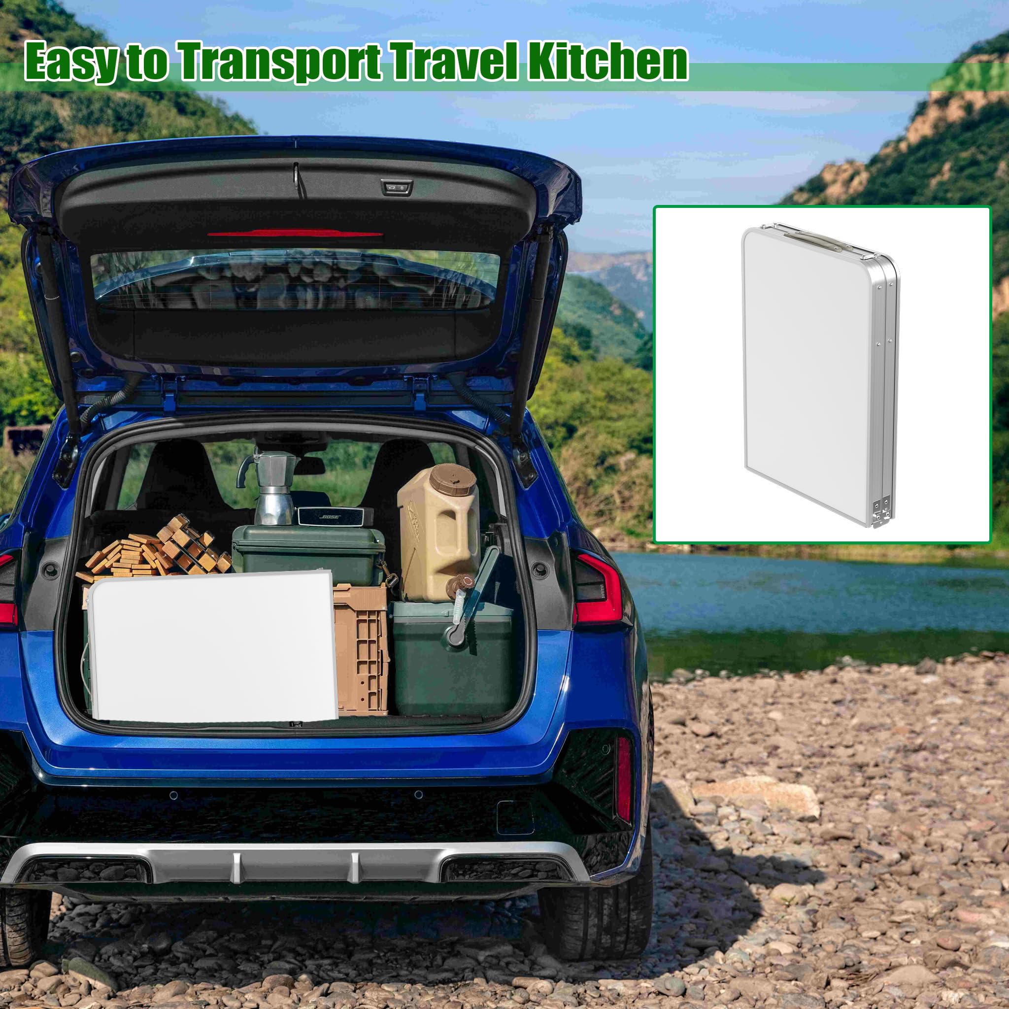Campingschränke Outdoor Faltbare Campingküche aus Aluminiumgestell, Waschbare Oxford-Stoff & 5mm Dicke MDF Platten Mobiler Zeltschrank Küchenbox mit Tragtasche für Reise Strand Camping