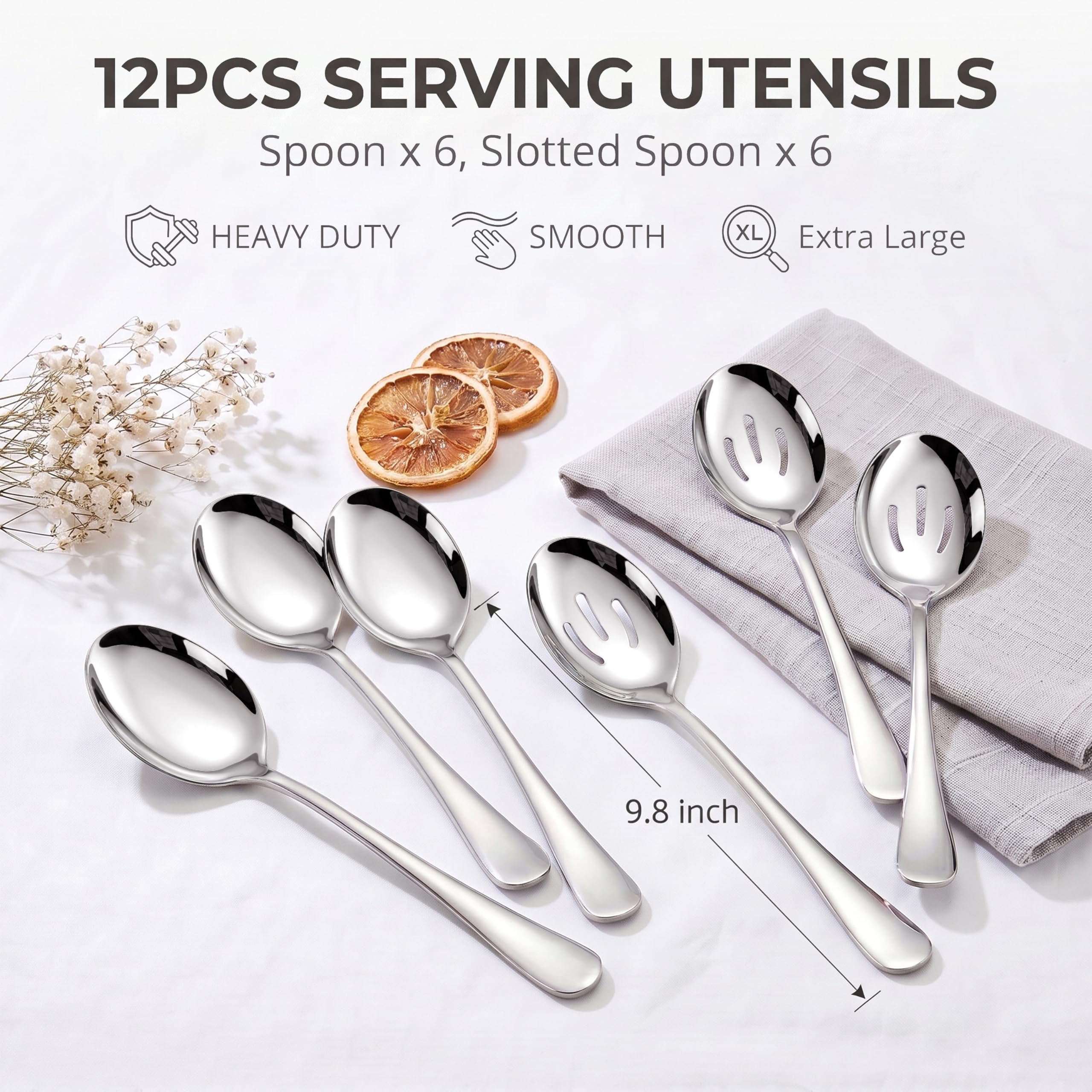 LIANYU Juego de 6 cucharas para servir, cucharas ranuradas grandes de acero inoxidable, utensilios de servir para bufé, restaurante, catering para banquete de fiesta, 9.8 pulgadas