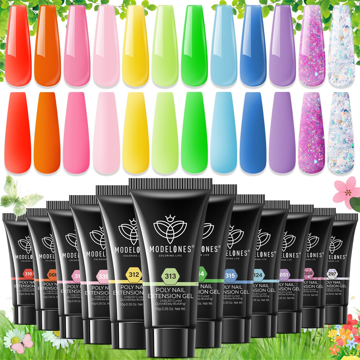 modelones Poly Gel Kit 12 Colors Rainbow Summer Bright Neon Poly Nail Extension Set Candy Red Yellow Builder Nail Gel Art Design Salon Professional