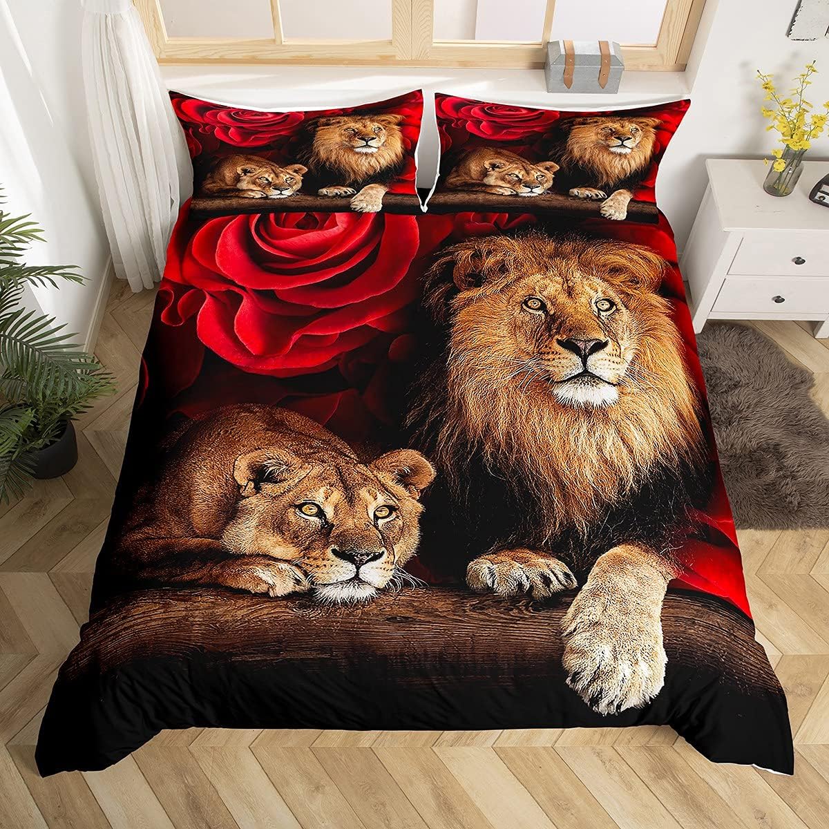 Erosebridal Lion Rose Duvet Cover Sets Queen Size, Animal Floral Print Comforter Cover Nature Theme Design Bedding Set for Kids Youth Adult, Modern Brown Lion Quilt Cover Decor Room Color 06 Queen(No Comforter)