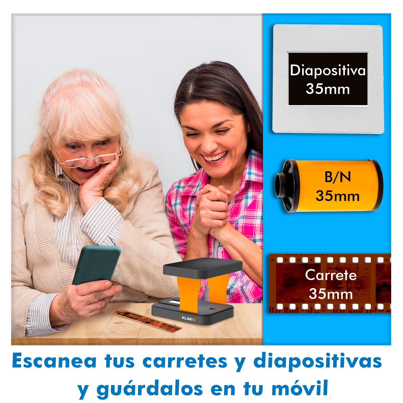 KLIM K2 Escáner de Negativos Y Diapositivas 35 MM - Nuevo - Kit Digitalizador de Diaposistivas Y Escaner Fotos - Tu Propia Digitalización para Negativos en Casa con Tu Móvil - Amber