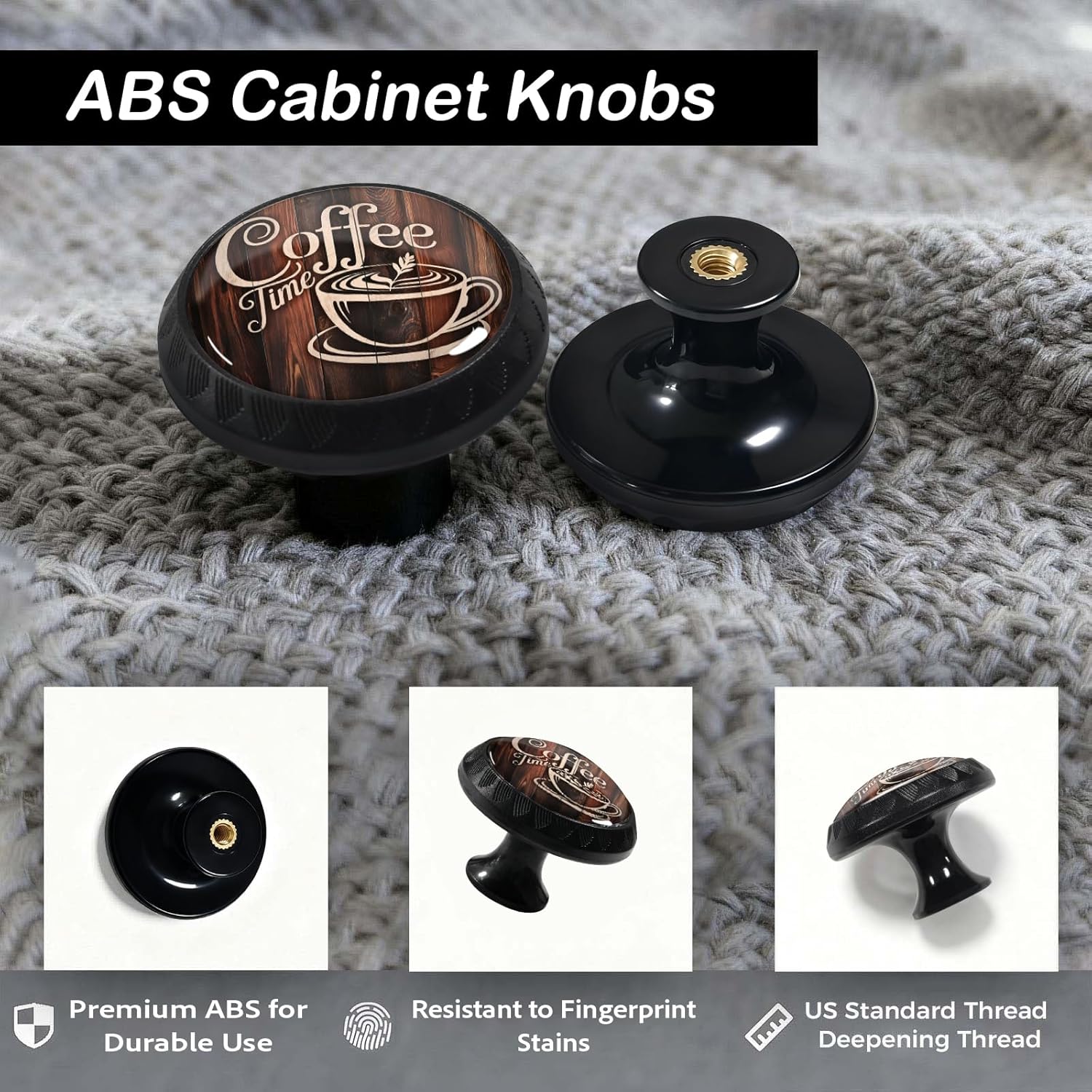 4 Pack Coffee Time Kitchen Cabinet Knobs Round Drawer Pulls Black Dresser Cupboard Door Handles