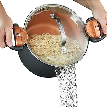 Gotham Steel Pasta Pot with Patented Built in Strainer with Twist N Lock Handles, Nonstick Ti-Cerama Cop