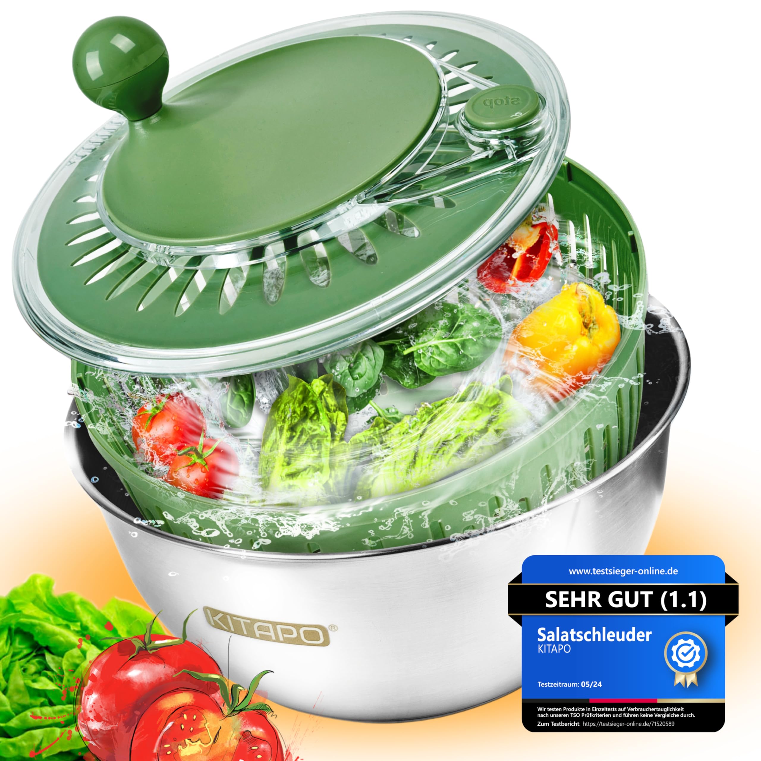 Salatschleuder Edelstahl mit Kurbelantrieb [2 in 1 Servierschüssel] 4,5l [Wasserauslass, Spülmaschinengeeignet, rutschfest] Salad Spinner Obstsschleuder hochwertige Salatschleuder groß