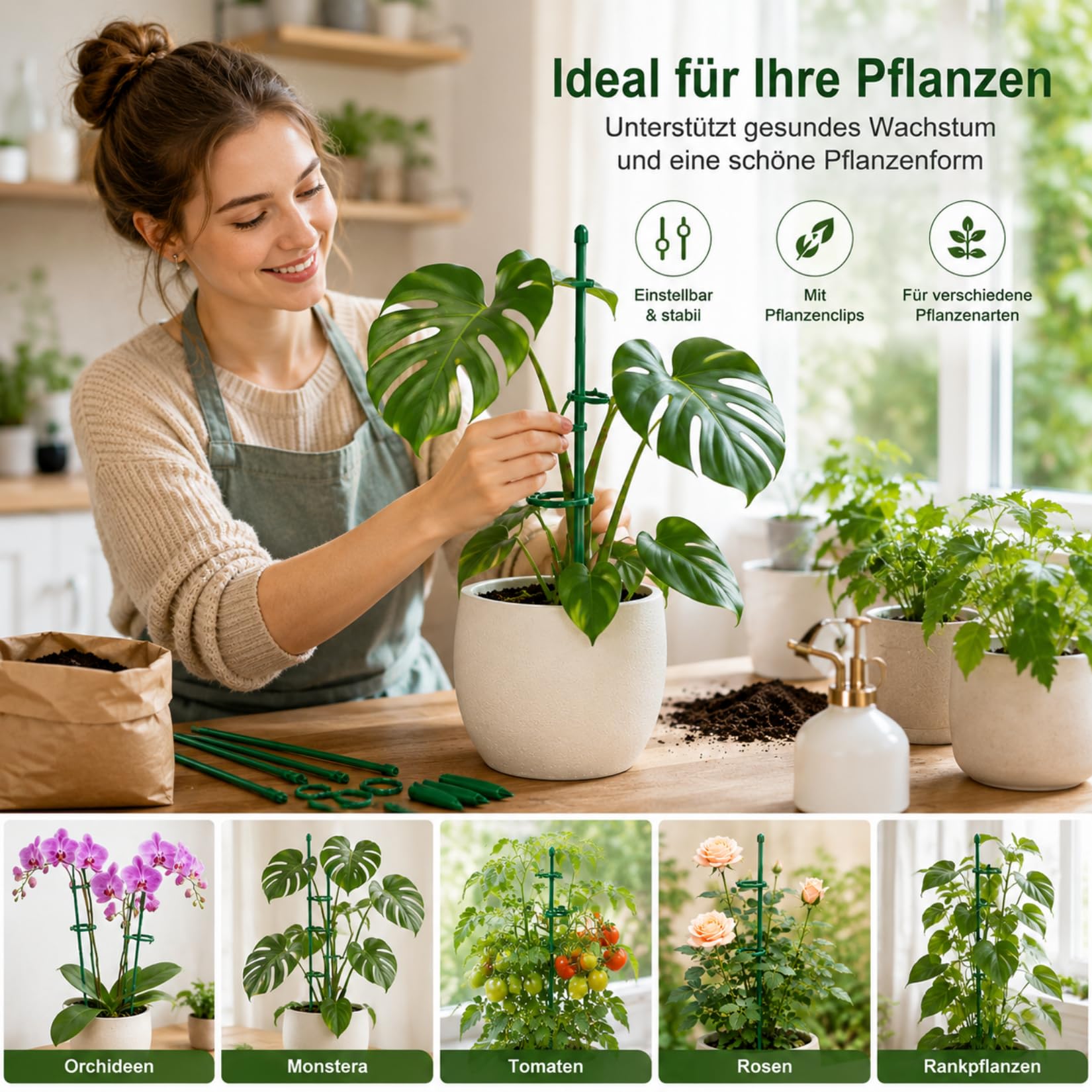 6 sztuk podpórki do roślin 30 cm, Regulowany uchwyt do roślin pnących z klipsami, Podpora do roślin dla Monstera, Orchidei, Pomidorów, Róż i innych kwiatów (zielone)