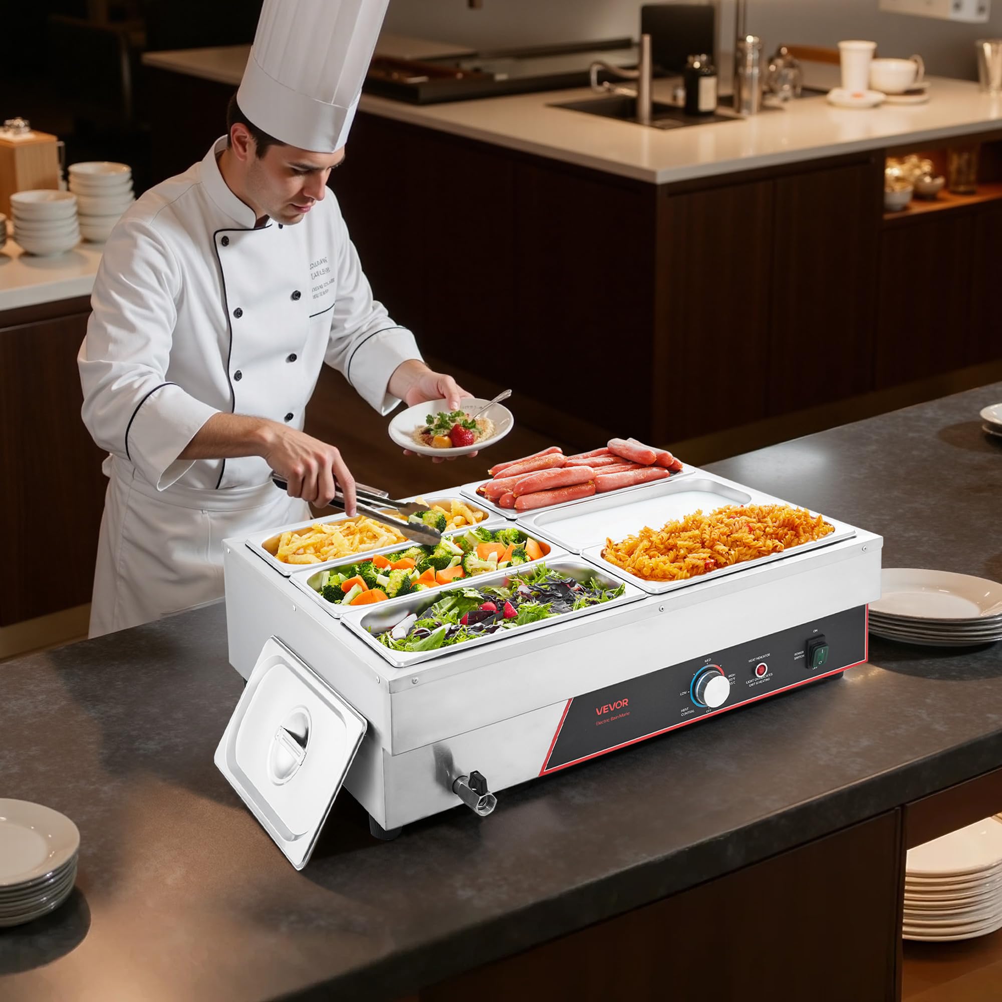 VEVOR Scaldavivande Commerciale con 6 Contenitori e Cavo di Alimentazione, in Acciaio Inossidabile da 1500 W, Contenitori per Stazione di Riscaldamento per Alimenti a Bagnomaria per Ristoranti