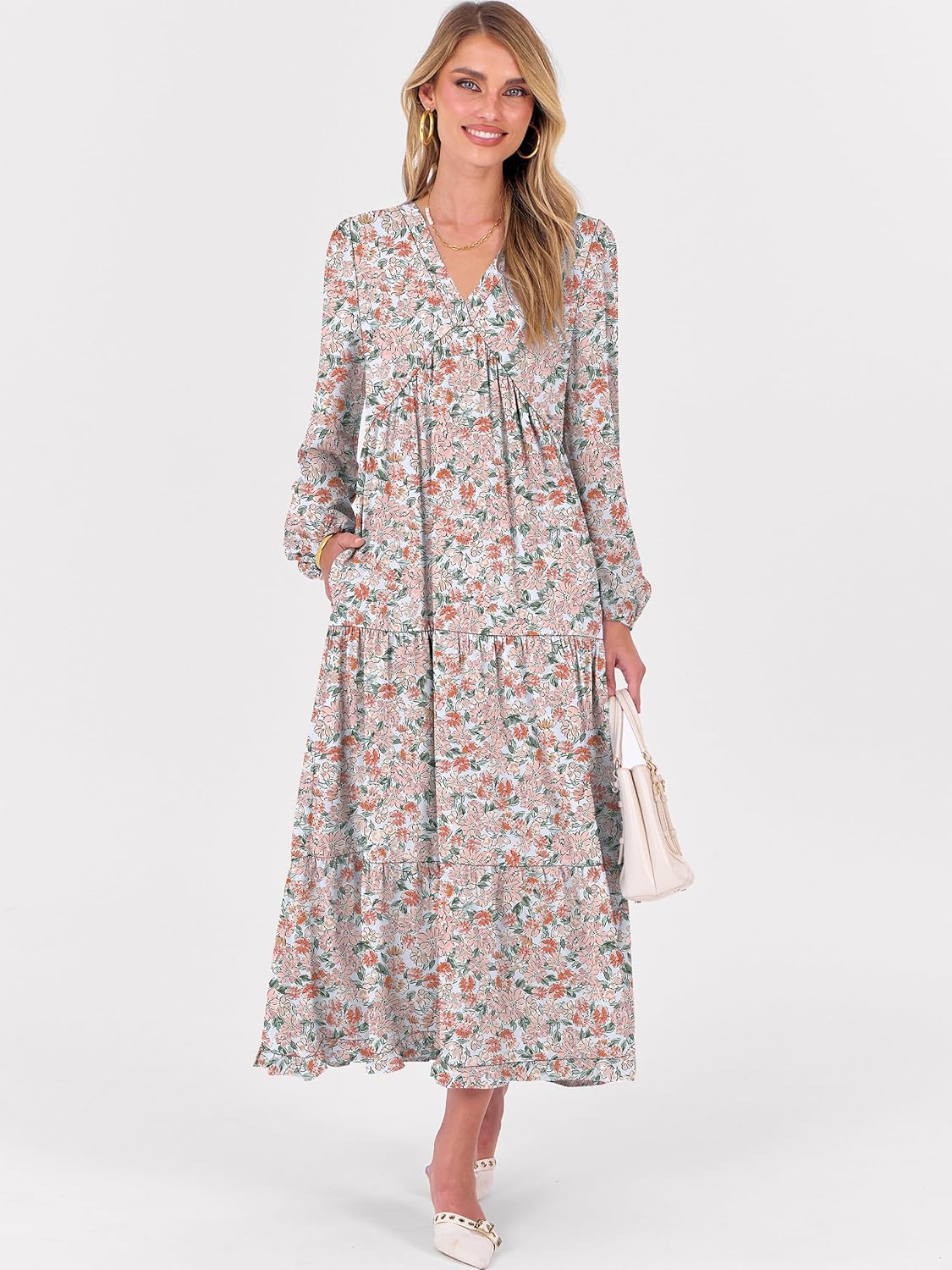 ANRABESS Womens Long Sleeve Boho Maxi Dress 2026 Fall V Neck Floral Striped Casual Loose Fit Beach Vacation Dresses - Image 2