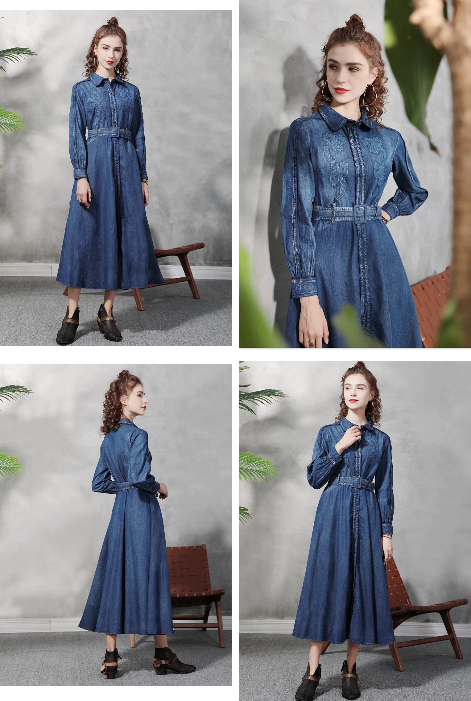 Vestido largo de mujer retro con solapa bordada, bolsillo en el pecho, corte ajustado, manga larga, para fiestas, maxi vestido vaquero con cinturón.